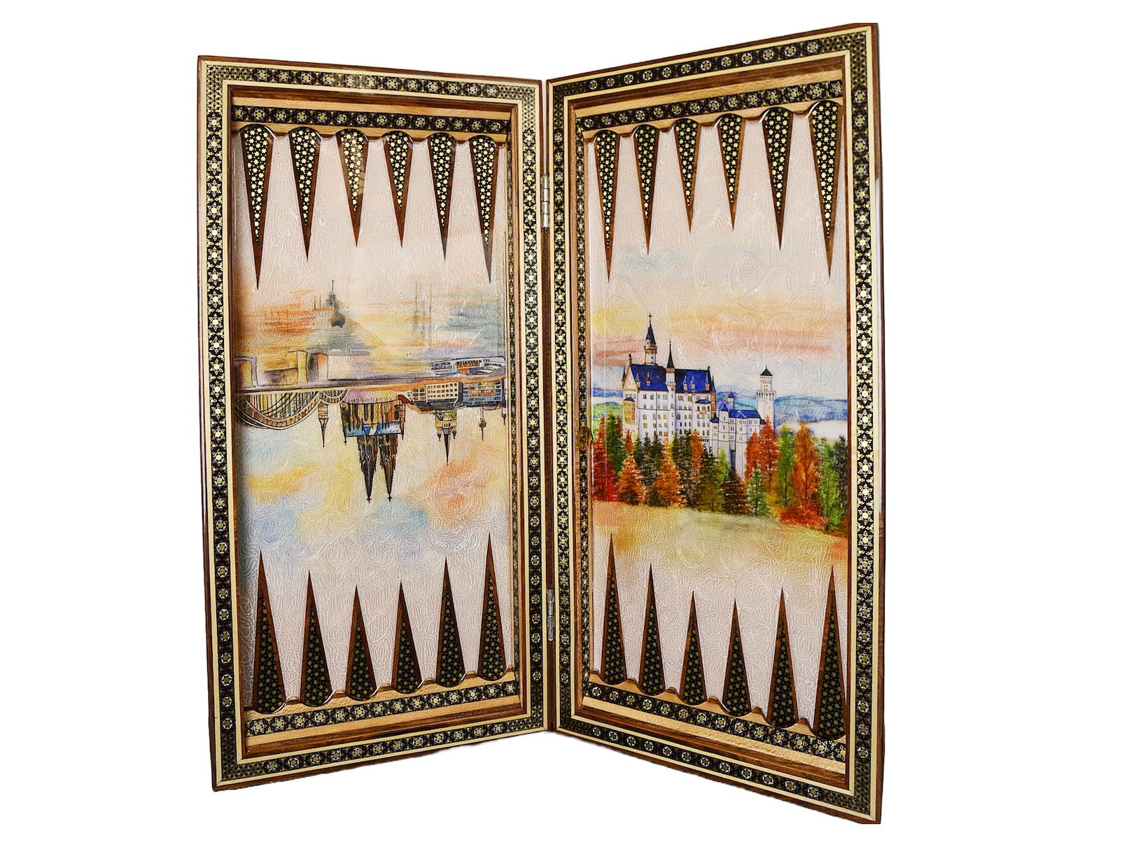 Sammelung von Backgammon-Schachbretter, Handgefertigt aus Holz, Intarsien-Design, handbemalt, Inklusive Schutzkoffer, Würfel & Spielsteine aus Holz, 50 x 50 cm, 3,5 kg (Premium Dom, Neuswanstei, 01)