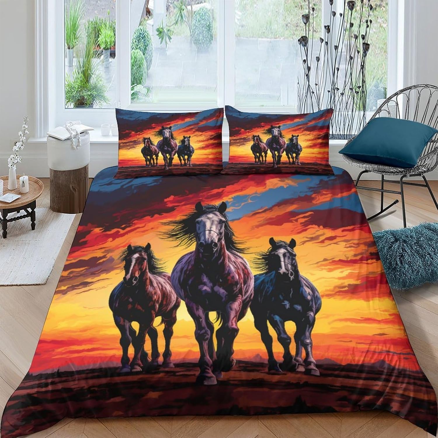 Parure de lit 1/2 personnes housse de couette 200x200 cm et 2 taies d'oreiller motif cheval 3D