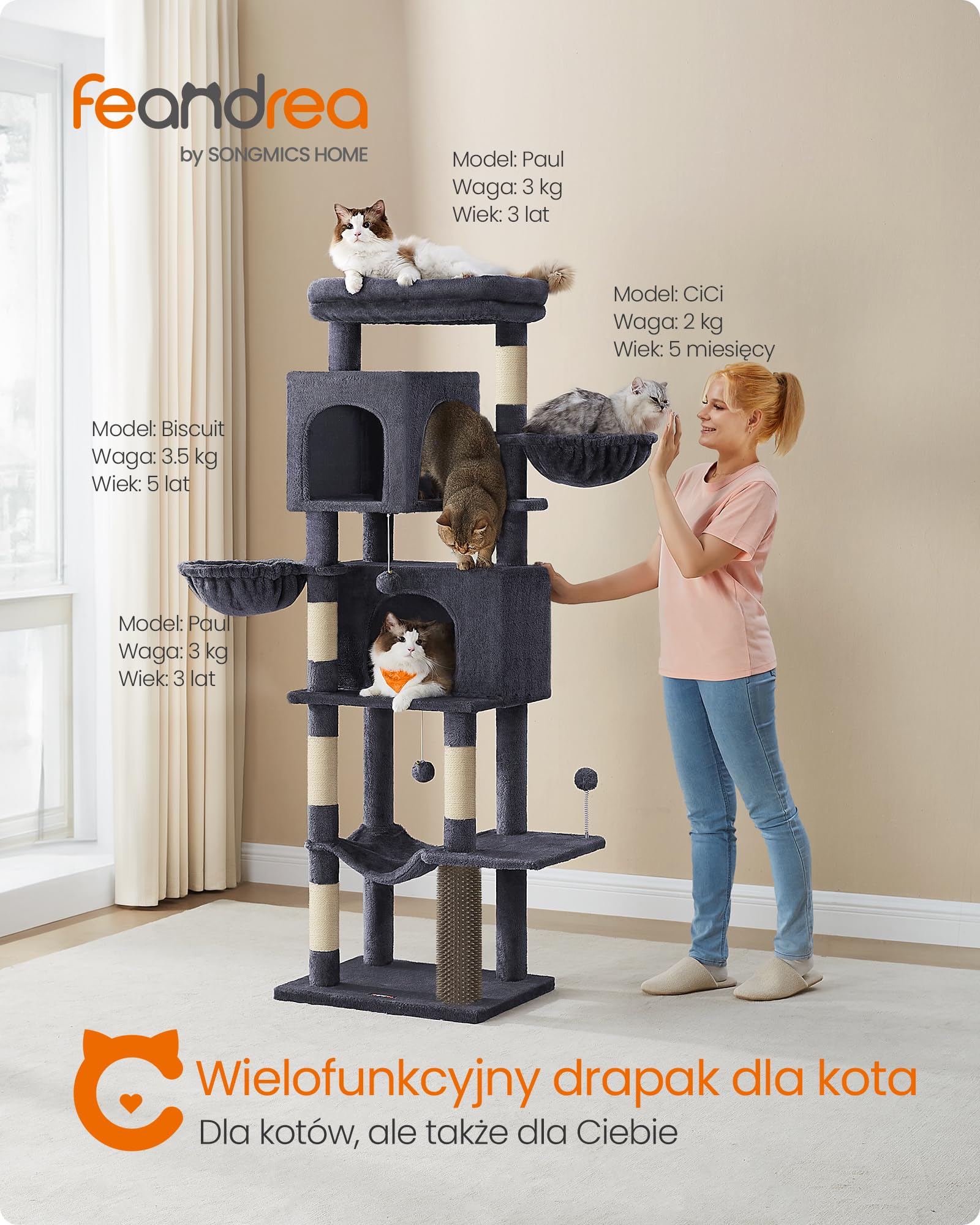 Feandrea duży drapak, wysokość 175 cm, XL, wielopoziomowy drapak dla kota z 2 jaskiniami, 2 leżakami, 5 drapakami, szczotka dla kota, duża platforma, ciemnoszary PCT182G02