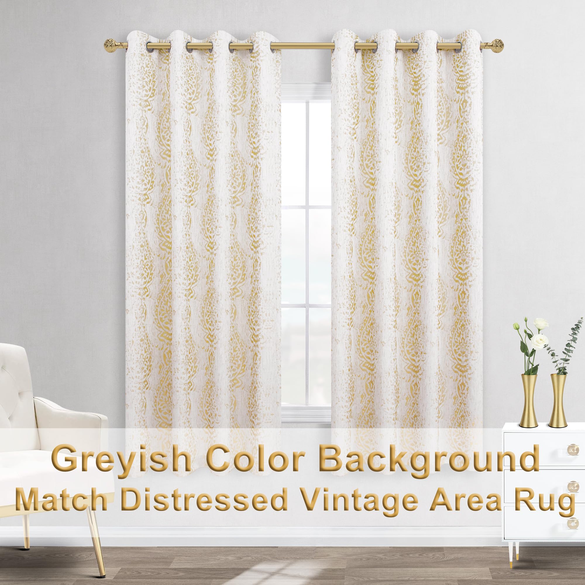 Mrs.Naturall Light Gold Curtains 63 Inch Length for Living Room 2 Panels Grommet Semi Sheer Pattern Luxurious Art Deco Lattice Curtains for Bathroom Bedroom - Image 4