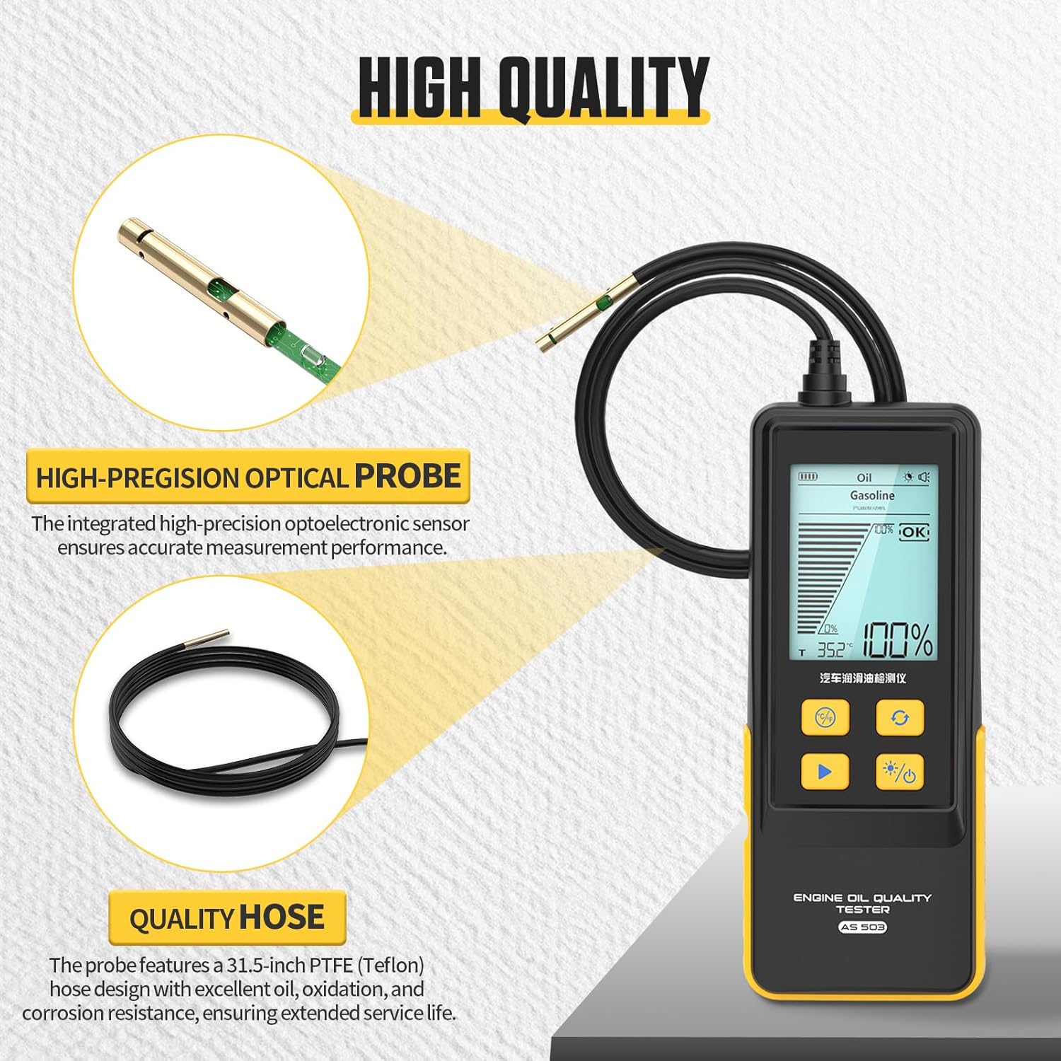 Engine Oil Tester & Motorcycle Oil Change Kit- Gasoline/Diesel Diagnostic Tool, 31.5in Probe, Temp Test, 2.8in Display (4 Batteries)
