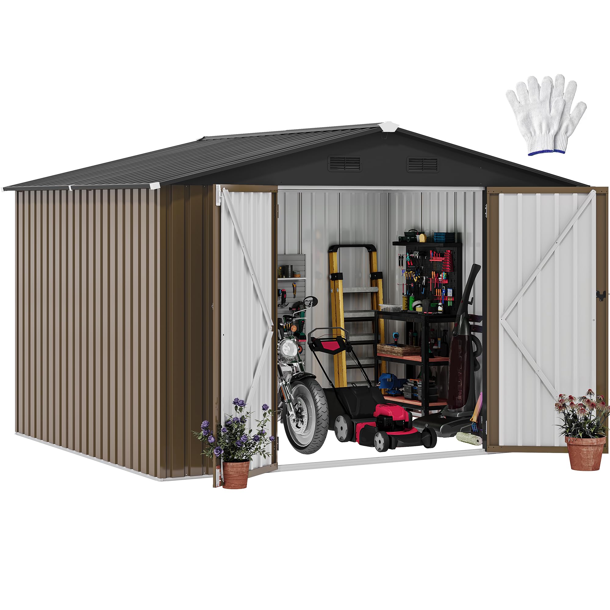 Photo 1 of ***PARTIAL SET - PRICE ADJUSTED*** DWVO 10x8FT Outdoor Storage Shed, Spacious Metal Tool Shed with Lockable Doors & Ventilation for Patio, Lawn, and Backyard, Ideal for Storing Garden Equipment, Lawnmowers, and Bicycles, Brown