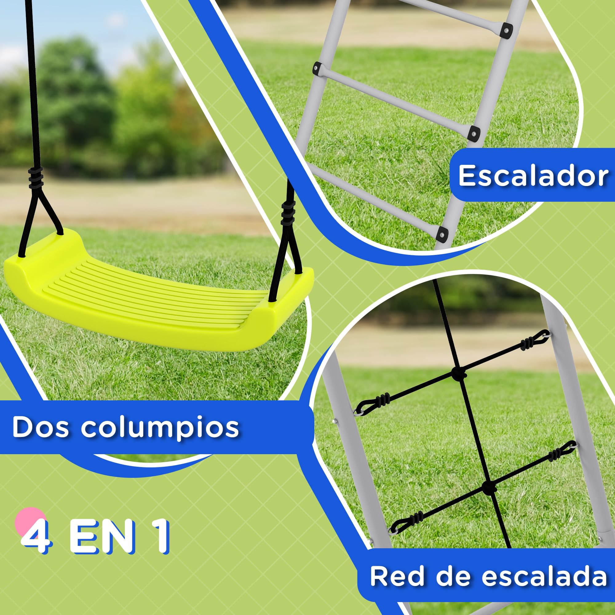 Outsunny Columpio 4 en 1 para Niños con 2 Sillas, Trepador, Red de Escalada, Cuerda Ajustable y Anti-UV, Jardín Exterior, Carga 180 kg, 260x185x180 cm, Gris y Verde