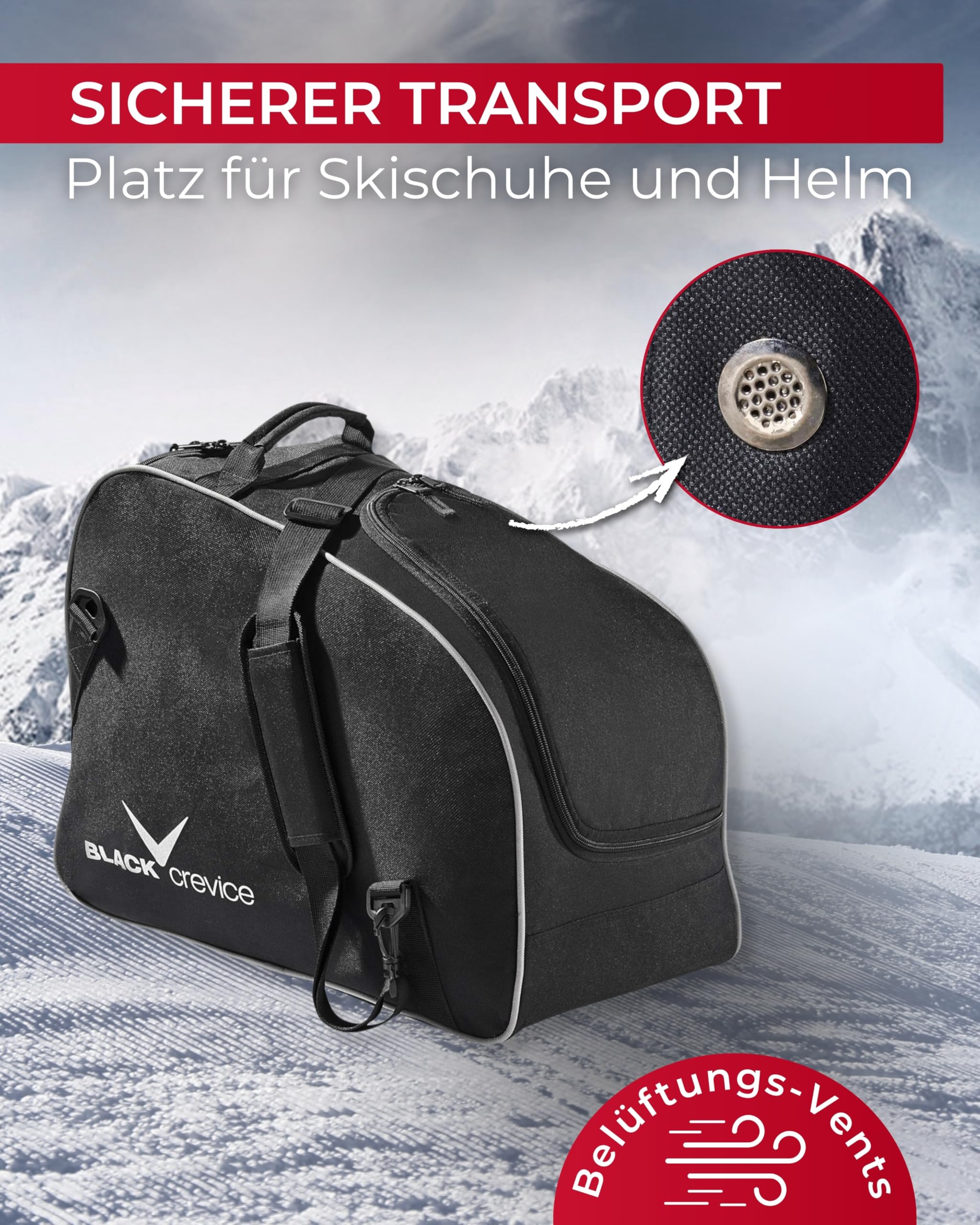 BLACK CREVICE Skischuh- & Helmtasche I Tasche für Snowboardschuhe / Skischuhe & Helme I Verstellbare Skischuhe-Tasche mit großem Hauptfach & Nebenfach mit Reißverschluss I Maße: 53x26x39cm