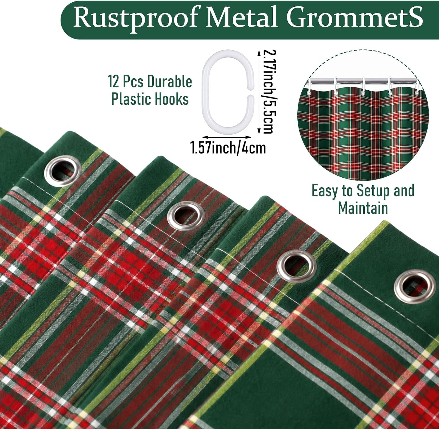 Fanfanwin Christmas Plaid Ruffle Shower Curtain Red Green Tartan 72" x 72"