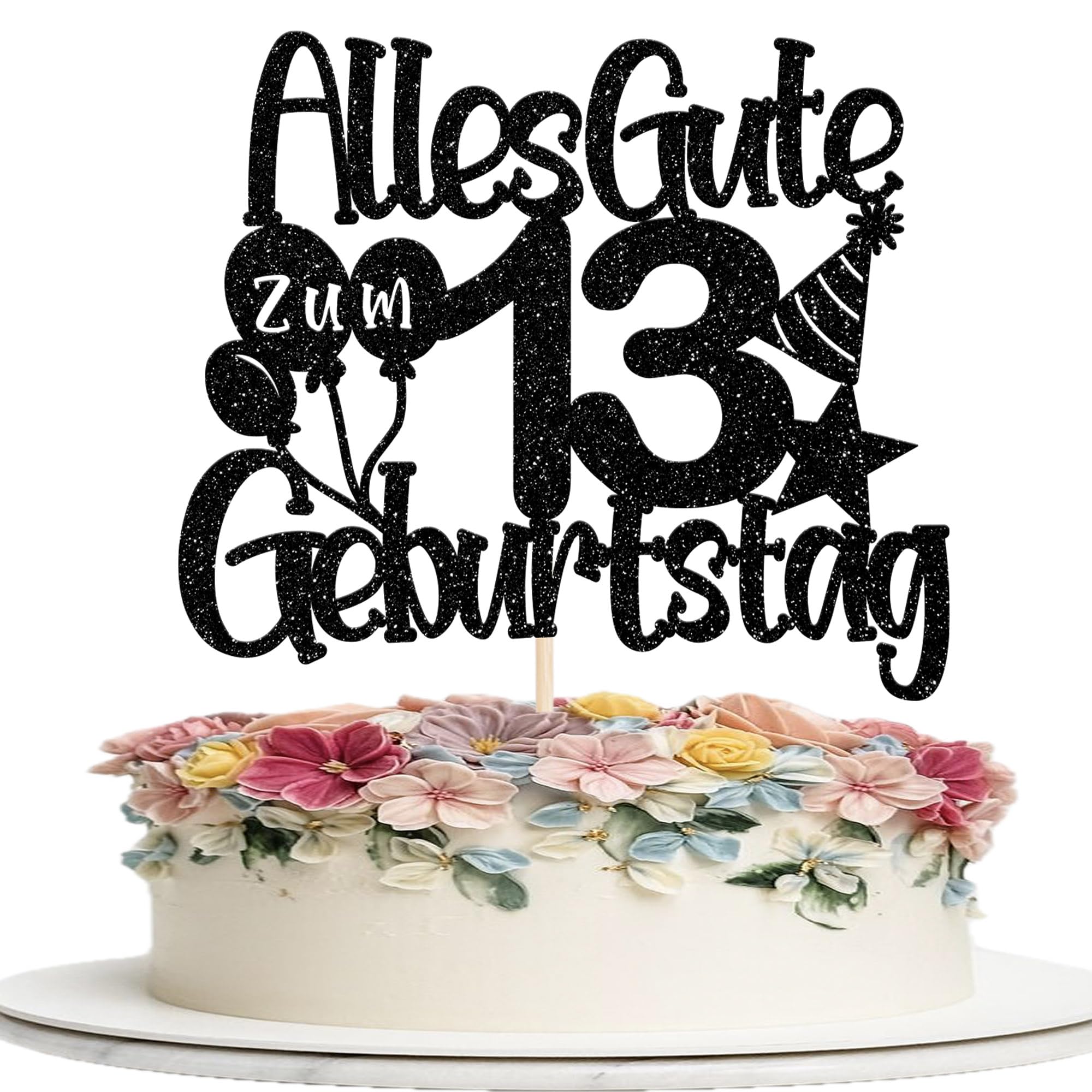 1 Stück Alles Gute zum 13 Geburtstag Tortendeko 13th Luftballon Hut Muster Kuchen Deko Happy Birthday Cake Topper für Junge Mädchen 13th Geburtstag Party Kuchen Dekoration Schwarz
