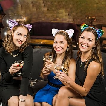 3PCS Reversible Glitter Cat Headbands Cute Cat Ears Headband Sequin Hair Hoop Mini Bling Cat Ears Hairband Assorted Colors Hair Accessories for Women Daily Wearing Holiday Party Decoration