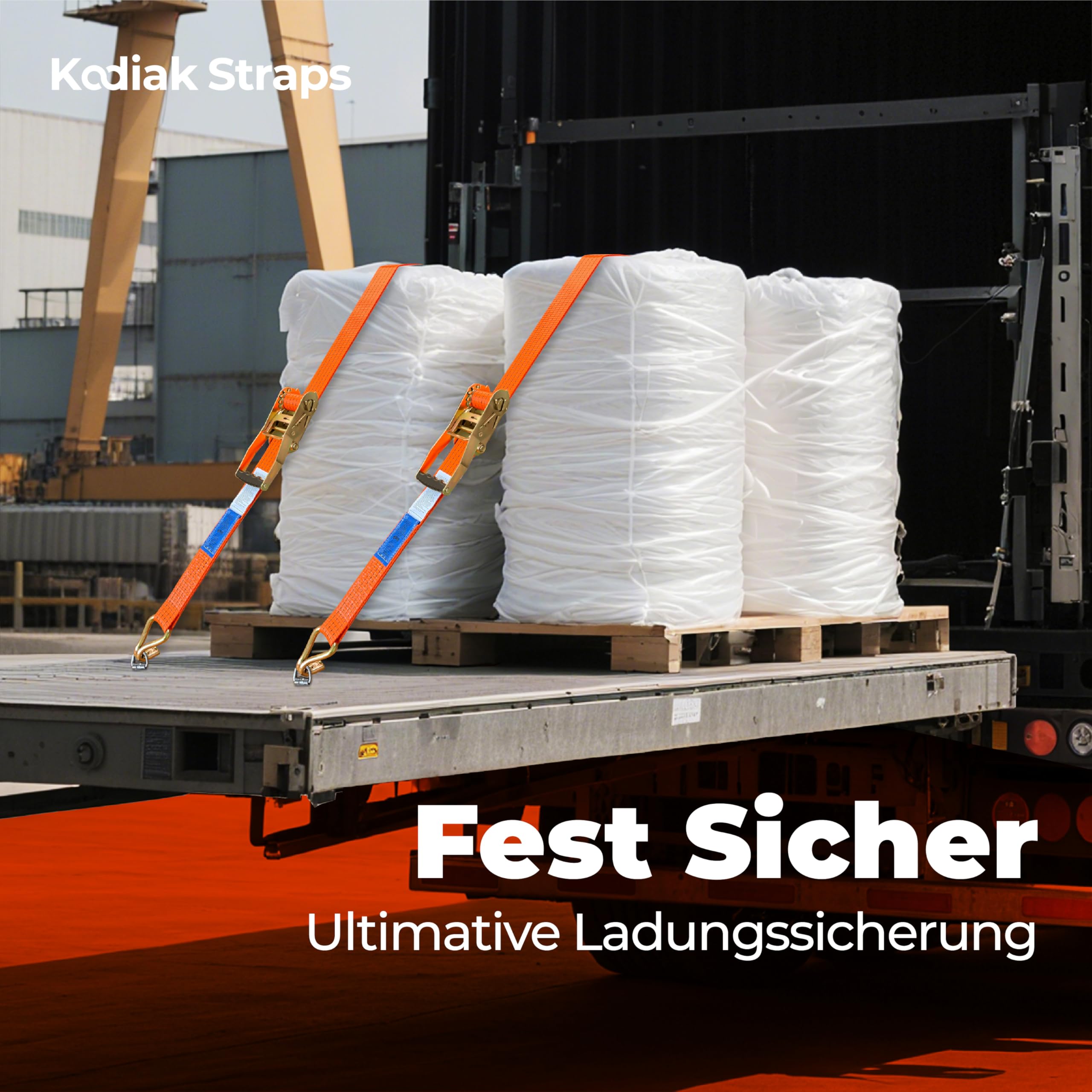 4 Stück Spanngurte 8m x 4000kg mit Ratsche und Haken - 50mm Zurrgurte mit Ratsche - Orange Ratschengurt für Ladungssicherung - TÜV/GS geprüft nach DIN EN 12195-2 - KODIAK STRAPS