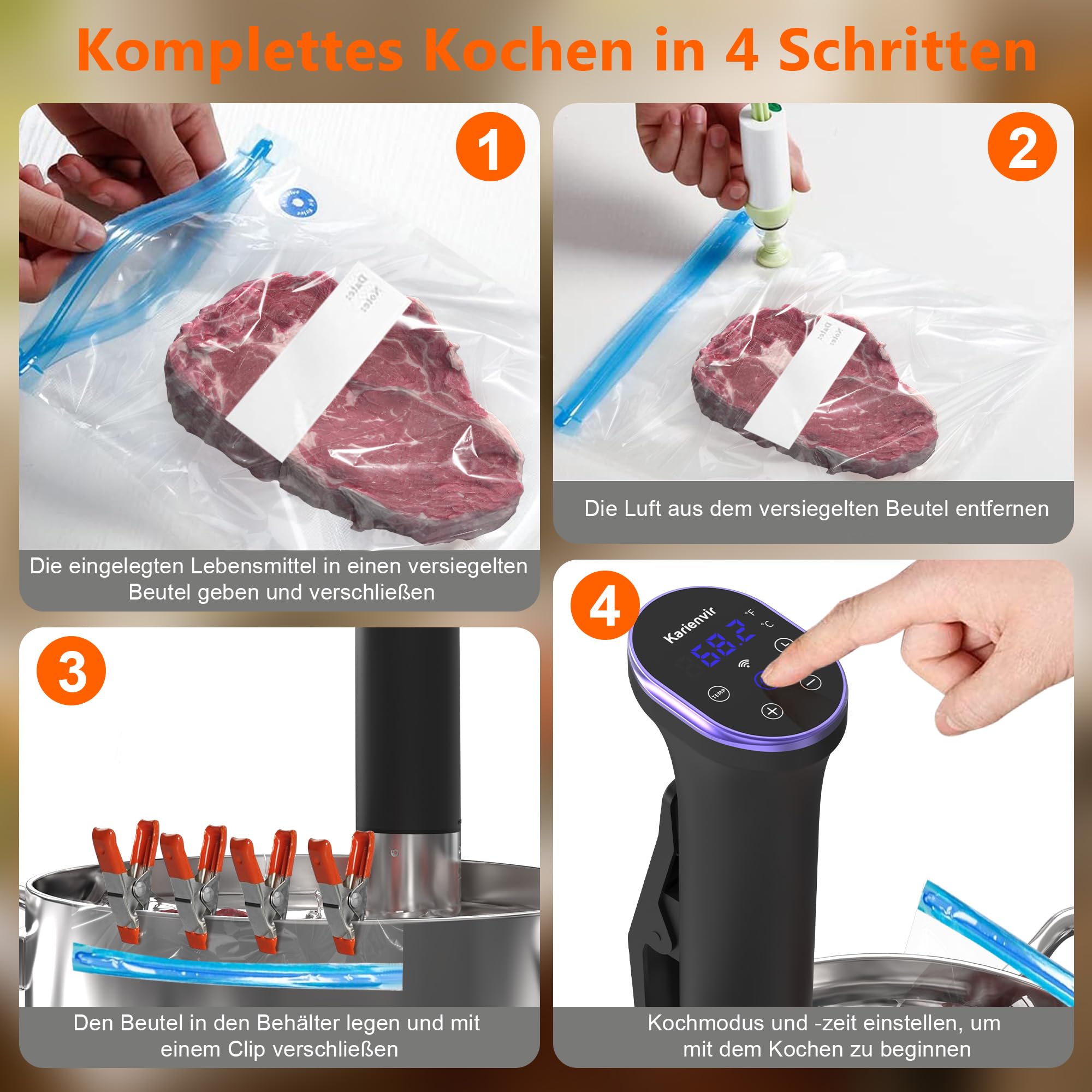 Sous Vide Garer Stick 1400W, Sous Vide Stick mit LCD Touchdisplay, Wifi Präzisionskocher Präziser, IPX7 Wasserdicht, 360° Präzisionskochtopf Immersion Zirkulation mit Timer
