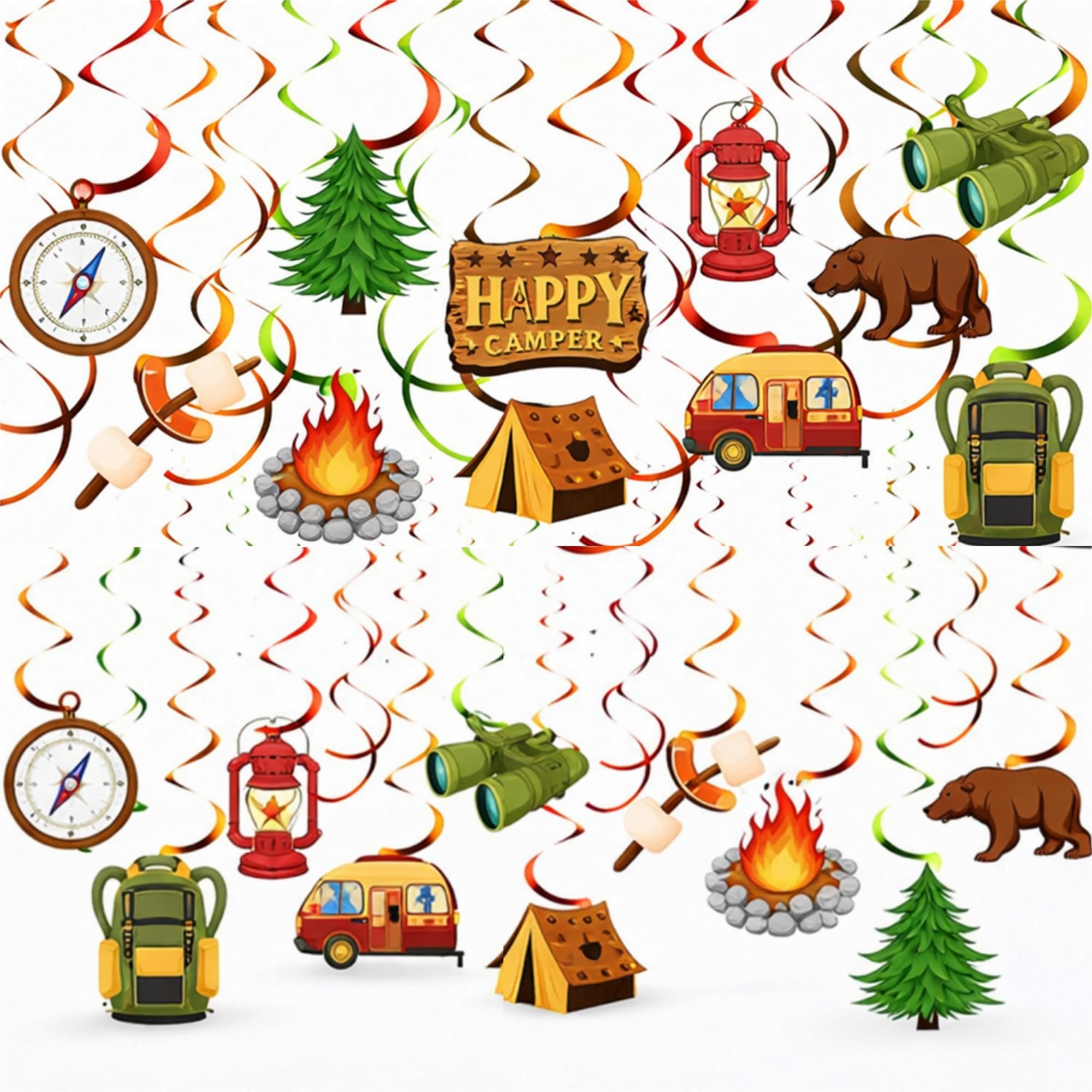 Sumind 30 Pieces Happy Camper Party Hanging Swirls, Camping Adventure Bears Sign Foil Swirls Ceiling Decorations Camping Theme Birthday Party Baby Shower Indoor Outdoor Decoration Supplies