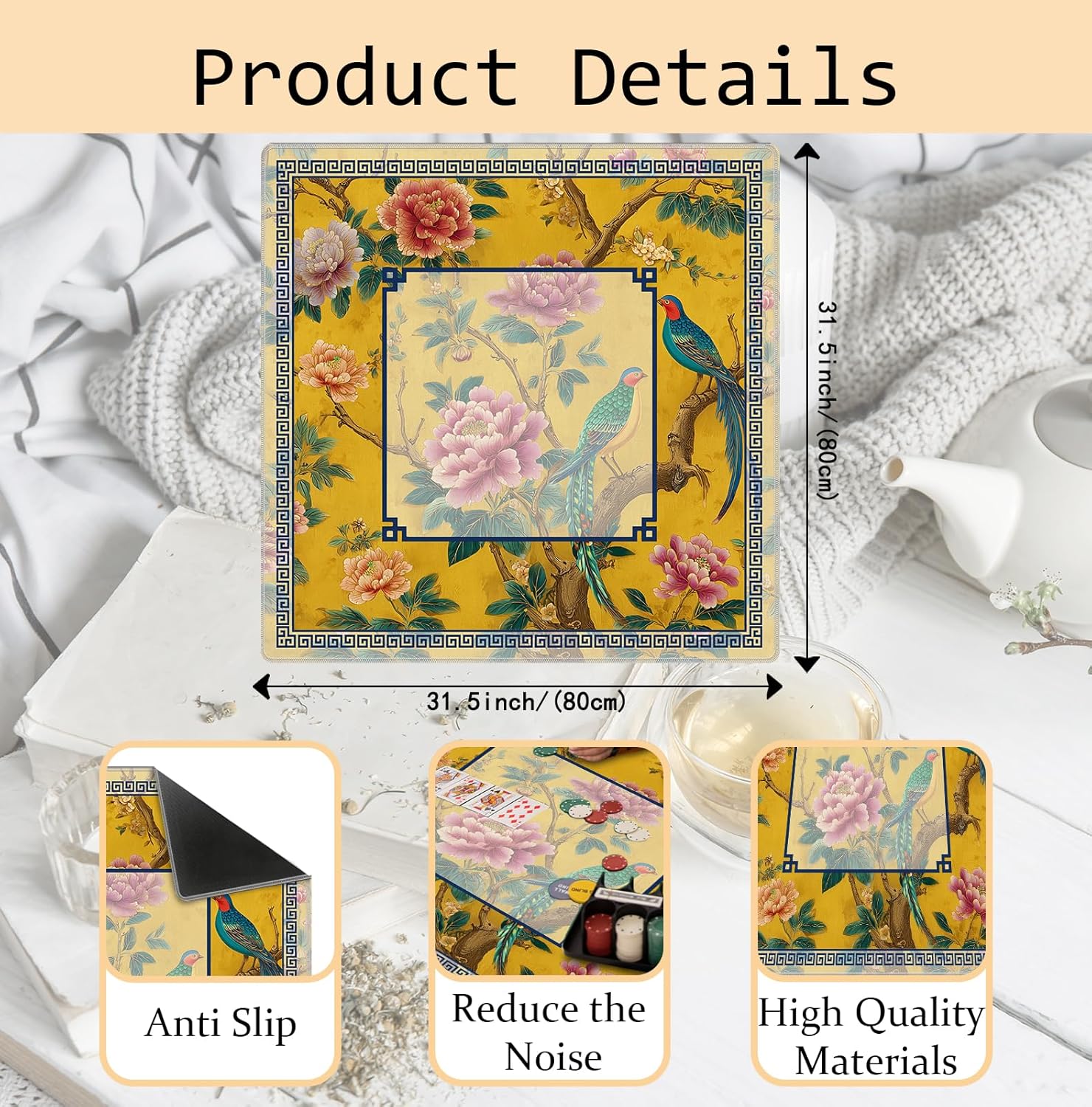 Yellow and Blue Chinoiserie Floral Bird Mahjong Mat 31.5 x 31.5 Inch, Traditional Chinese Non-Slip Noise Reduction Mahjong Table Mat for American Mah Jong Poker Card Board Games Dominoes