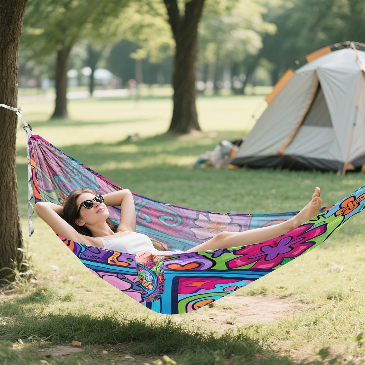 ALAZA Cute Peace Sign Camping Hammocks Single or 2 Person 500 lbs Portable Parachute Travel Hammock w/Tree Straps for Hiking Backpacking Indoor Outdoor