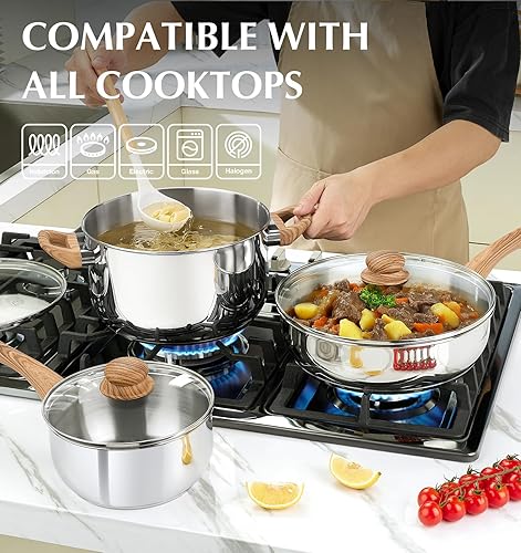 Miniatura 5 de KOCH SYSTEME CS Coowkare - Juego de 10 ollas y sartenes de acero inoxidable profesional 1810 con asas de tacto fresco, base de tres capas, juegos de