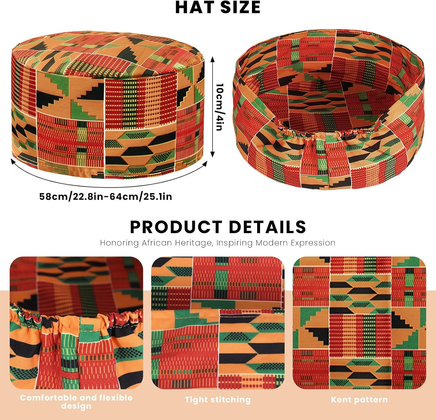 African Hat for Men – Kente Print Kufi Hat and Stole Scarf Set, Dashiki Inspired Kente Cloth for Black History Month