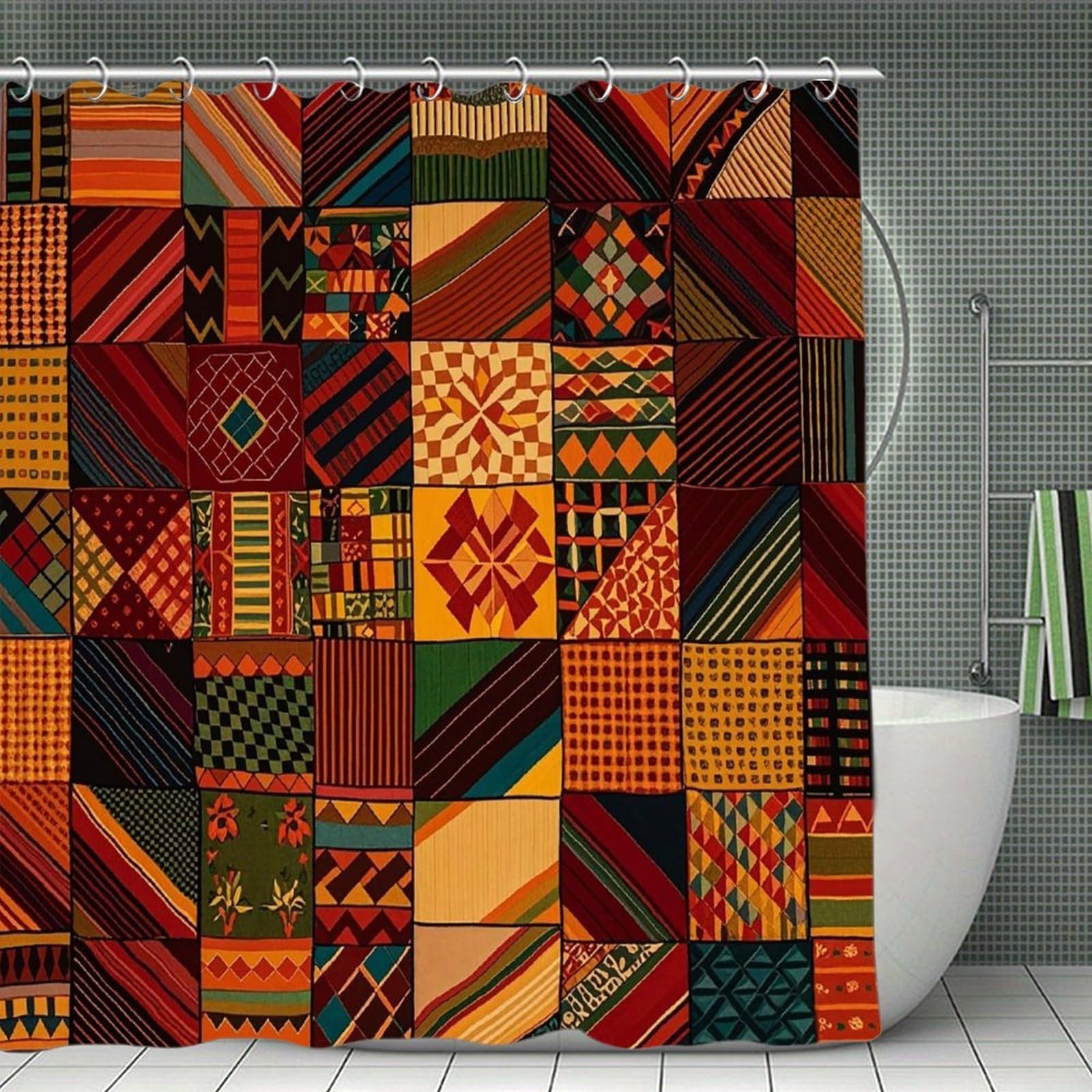 FekiLoot African Style Patchwork Shower Curtain Minimalist Thick Bathroom Curtain Washable Modern Bathroom Shower Curtain Heavy Duty Waterproof Cloth Bath Curtain with Hooks 70.8"x70.8"
