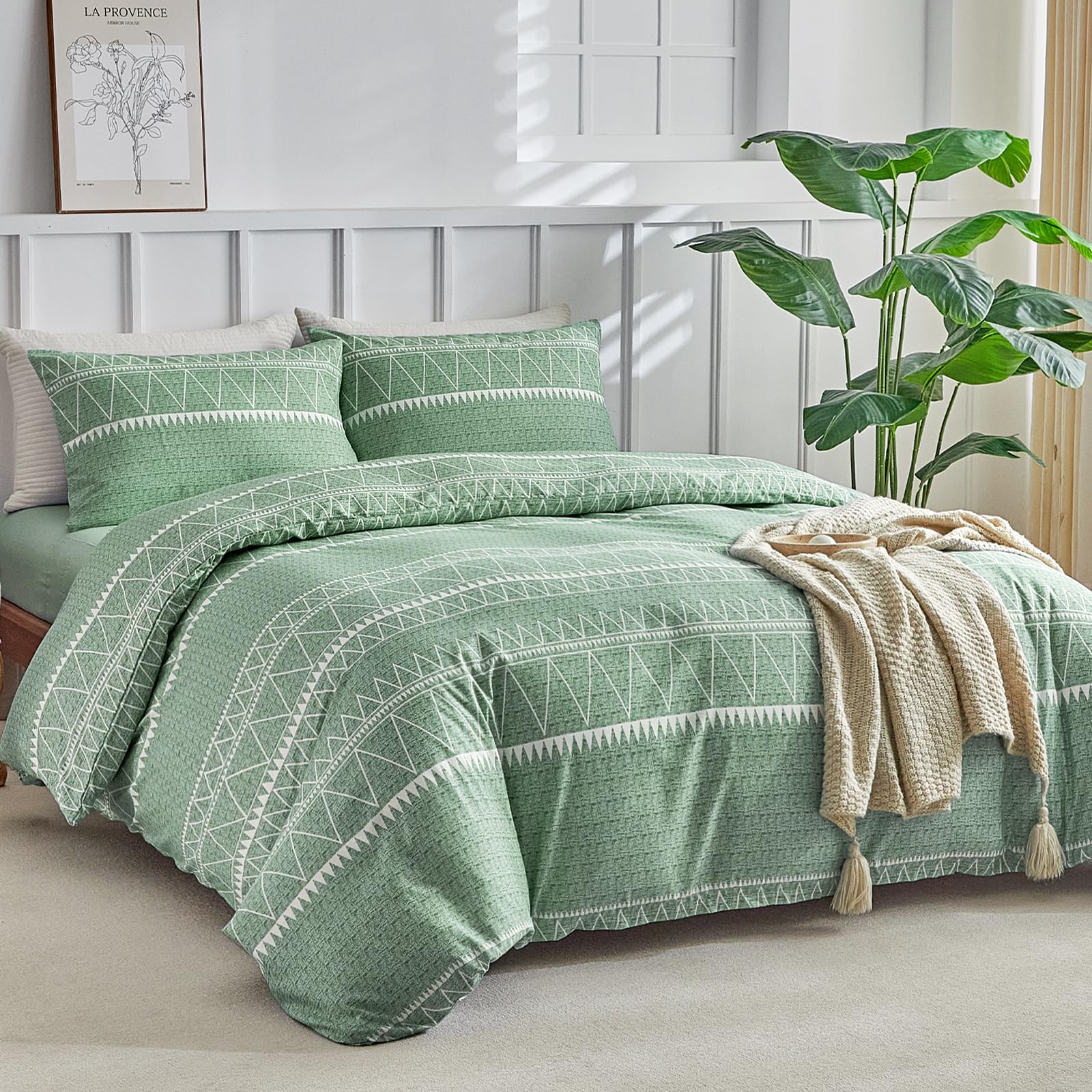 Lekesky Double Bedding Set 4-Piece Green Duvet Set with Pillowcases and 40cm Deep Fitted Bed Sheet - Boho Stripe Print Duvet Cover Set Ultra-Soft Microfiber (Green, Double 4 Piece) — image 1