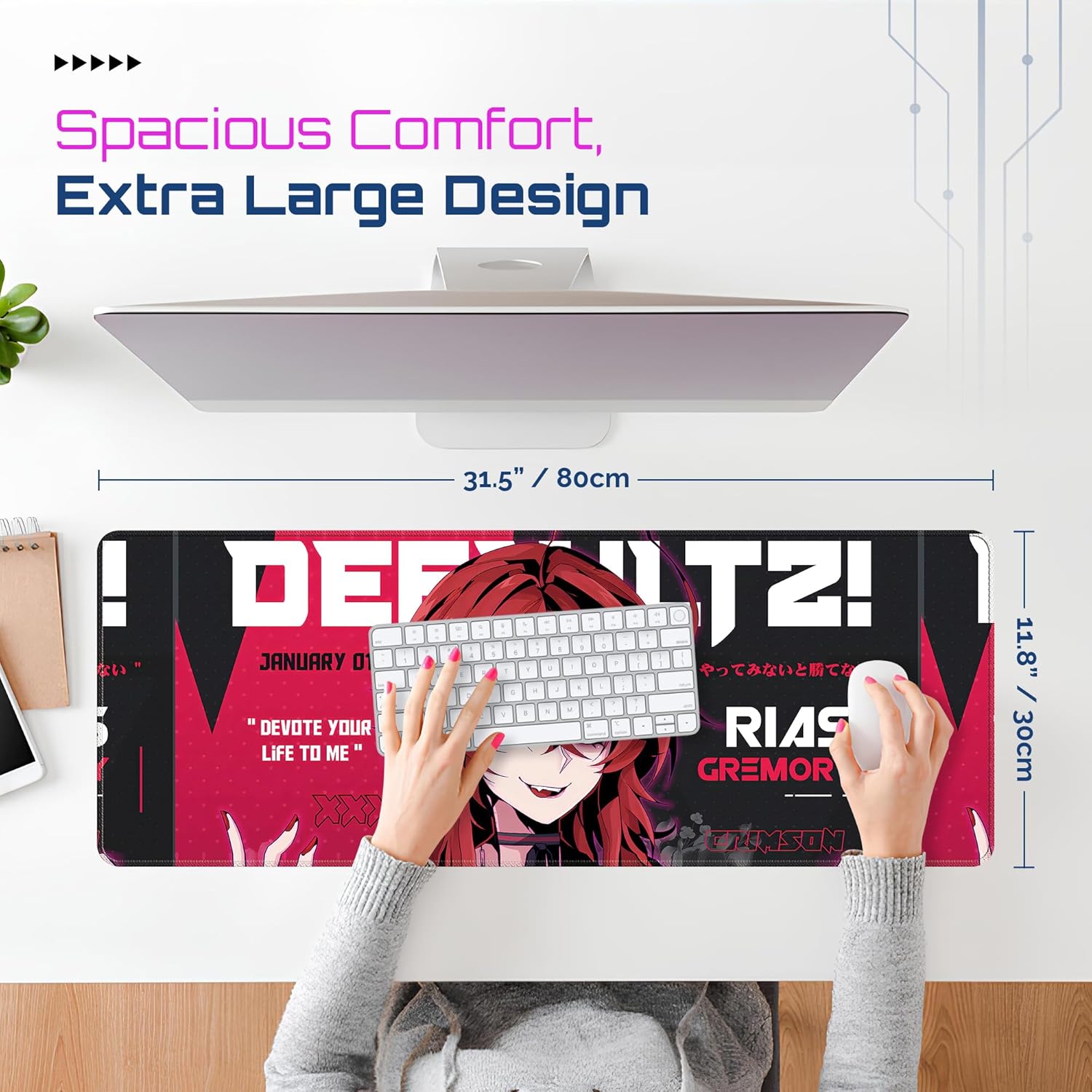 Large Gaming Mouse Pad 31.5 x 11.8 Inches XXL Extended for Mouse and Keyboard Non-Slip and Water Resistant Surface with Anime Cute Girl Design Jinx Ideal for Competitive Gaming League (Red Rias) - Image 4