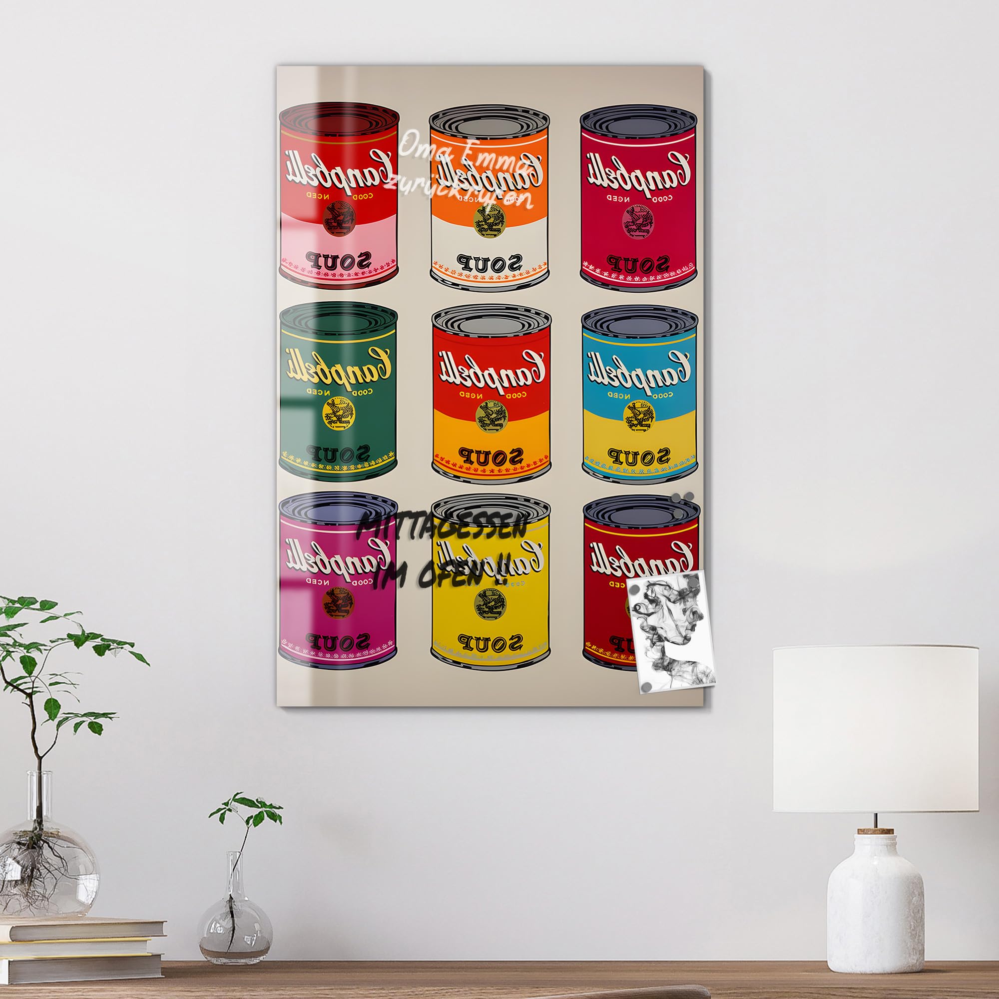 DEQORI Glas-Magnettafel | 60x90 cm cm groß | Motiv Bunte Konserven | Memo-Board aus Glas | Magnetboard inkl. Magnete, Stift & Tuch für Küche & Büro | Tafel magnetisch & beschreibbar