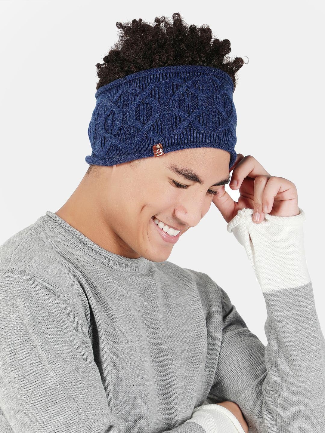Blue Cable Knit Woolen Headband Earwarmer for Men & Women | Soft Stretchable Acrylic Wool Winter Ear Cover | Warm Knitted Head Wrap for Outdoor & Sports Use | Made in India