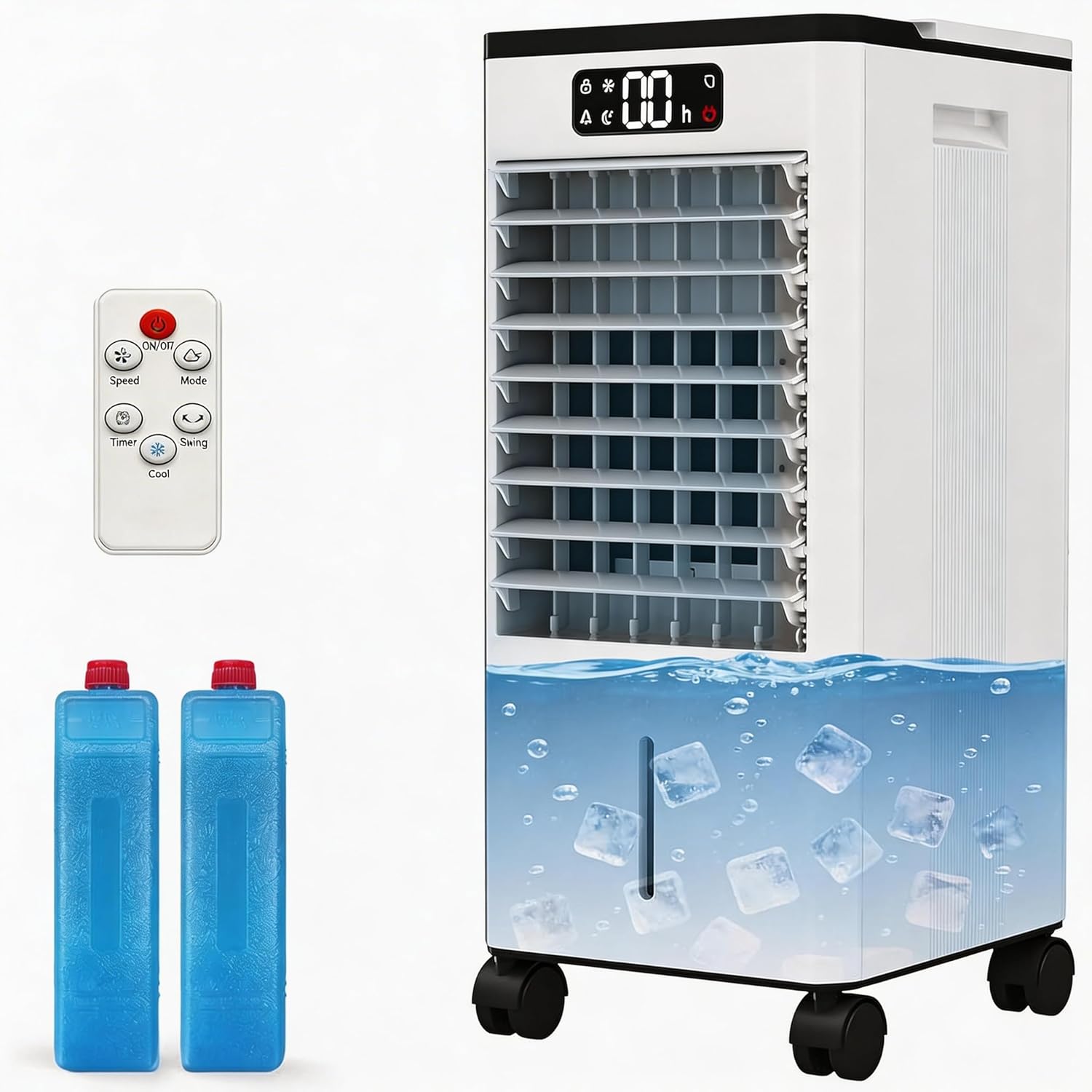 Portable 20 Inch Evaporative Air Cooler, 3-IN-1 Swamp Cooler Fan with 1.84 Gal Detachable Water Tank, 2 Ice Packs, 12H Timer, 120° Oscillation, Touch & Remote Control, 3-Speed & 3-Side Cooling Pads