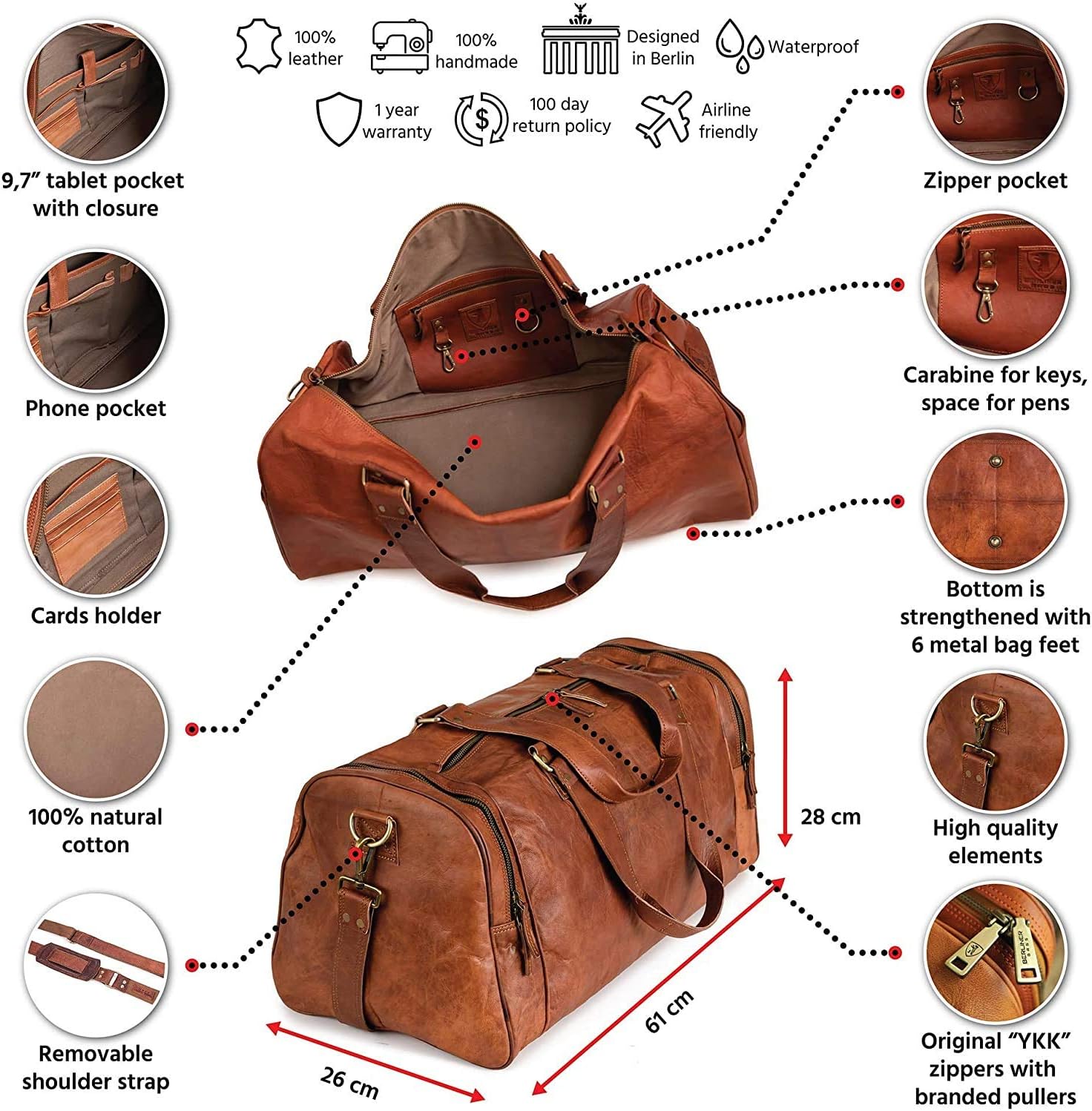 Best Deal Cheap 🛒 Berliner Bags Vintage Leather Duffle Bag Bergen for Travel or the Gym, Overnight Bag for Men and Women - Brown (Brown)