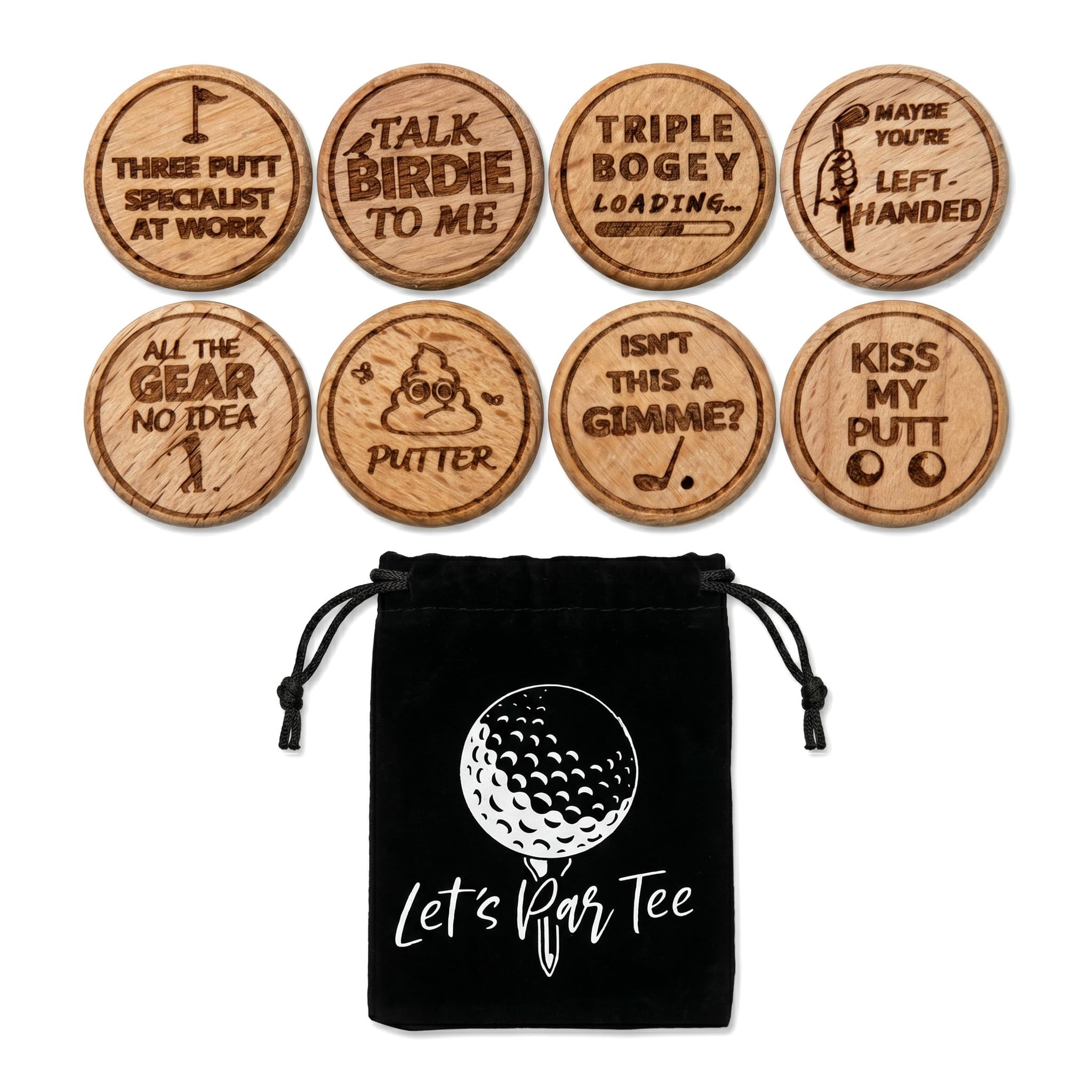 Suxyn Golf Gift for Men, Novelty Golf Accessories, Set of 8 Humorous Wooden Engraved Golf Ball Markers with Drawsting Bag, Father’s Day, Birthday, for Golf Lovers