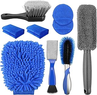 Kit de Nettoyage Voiture 9 Pièces, Kit de Détailing Auto Preicva avec Brosse Dure pour Pneus, Kit de Lavage Voiture avec Brosse pour Jantes, Gants en Corail, Chiffons, Disques de Cirage
