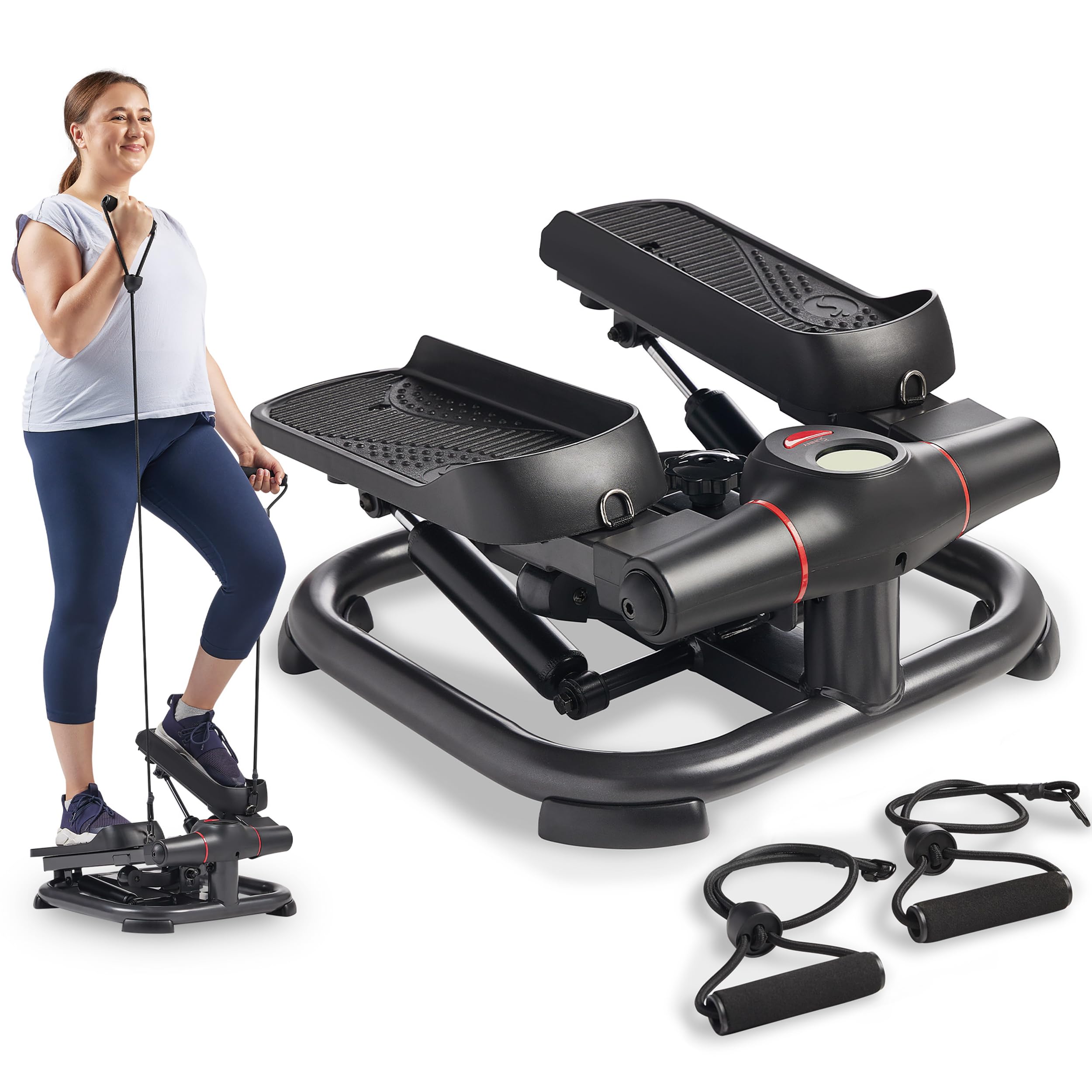 Sunny Health & Fitness 2-in-1 Premium Power Stepper with Resistance Bands, Low-Impact Cardio, Space-Saving, Height-Adjustable, and Optional SunnyFit App Enhanced Bluetooth Connectivity