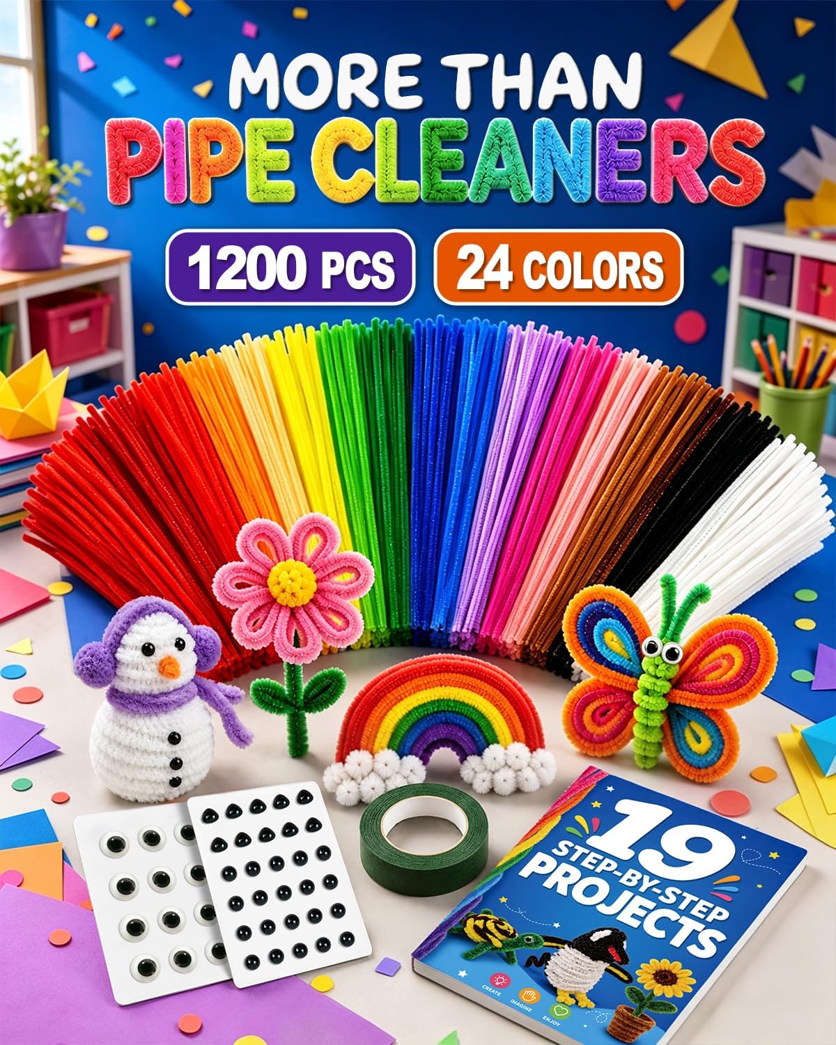 Pipe Cleaners for Crafts, 1200 PCS 24-Color Chenille Stems Kit Limpia Pipas