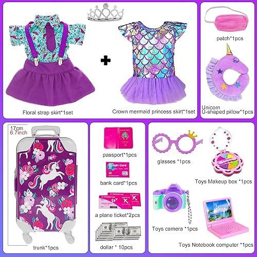 Miniatura 2 de iBayda 25 piezas de ropa y accesorios de muñeca de 18 pulgadas, estuche de viaje, equipaje, juego escolar con almohada, cámara, gafas de sol para
