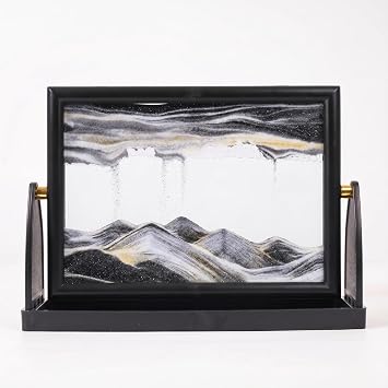 Moving Sand Art Liquid Motion 3D Dynamic Mountains Sandscape Painting, Square Glass Sands Painting with Easy-Flip Stand, Sensory Relaxing Decor for Home and Office 9" Black