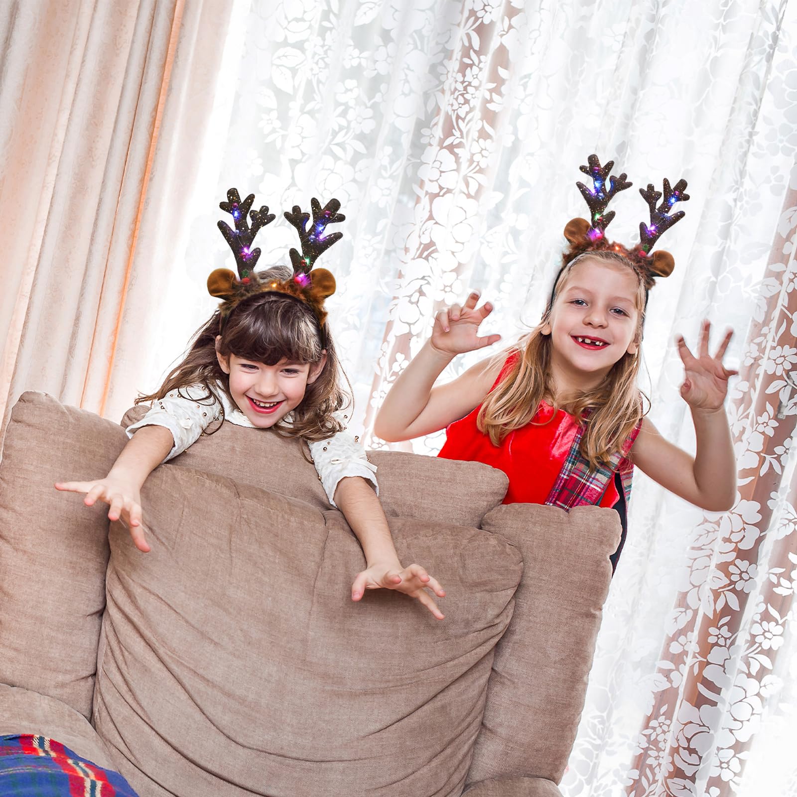 Landifor 2pcs LED Reindeer Antlers Headbands Christmas Light Up Headband Xmas LED Deer Antlers Hair Hoop Kids Adult Reindeer Ears Headwear with Bells for Xmas Party Fancy Dress - Image 3