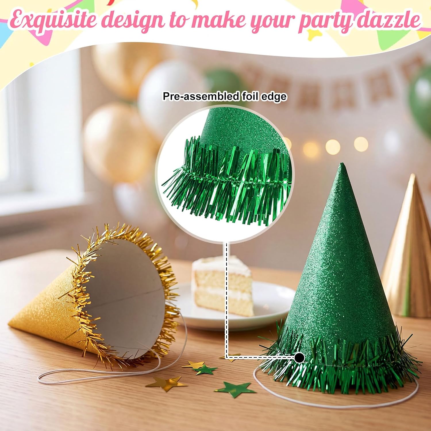 Unittype 18 Pcs Party Hats for Adults Pre-assembled Rainbow Birthday Party Hats Headwear Glitter Celebration Metallic Foil Hat for Women Men