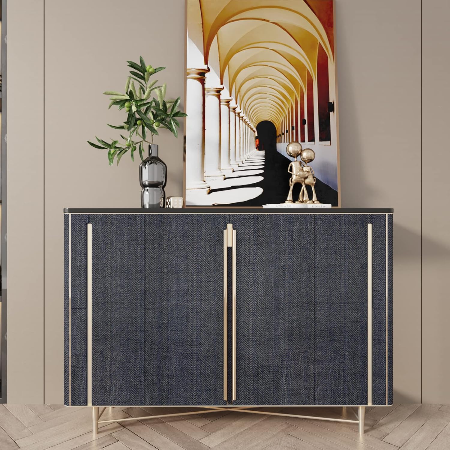 CRE8TIVE Large Size 24"x354" Denim Blue Gold Grasscloth Peel and Stick Wallpaper Textured Herringbone Fabric Wallpaper Removable Self Adhesive Metallic Blue Contact Paper for Bedroom Bathroom Walls