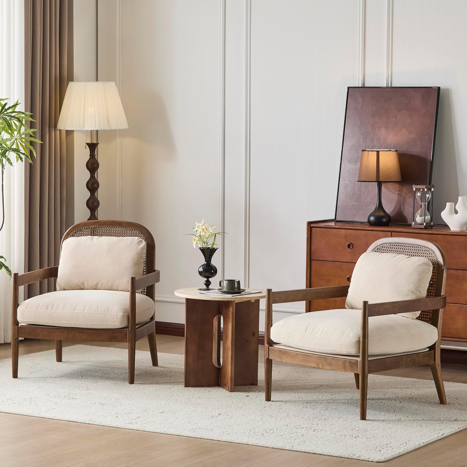 Christopher Knight Home Nadine Wooden Club Chairs Set of 2, Club Chair, Rattan Open Back Armchair, Accent Reading Sofa Chair with Cushions, Accent Chairs Set for Living Room Bedroom, Beige Stripe