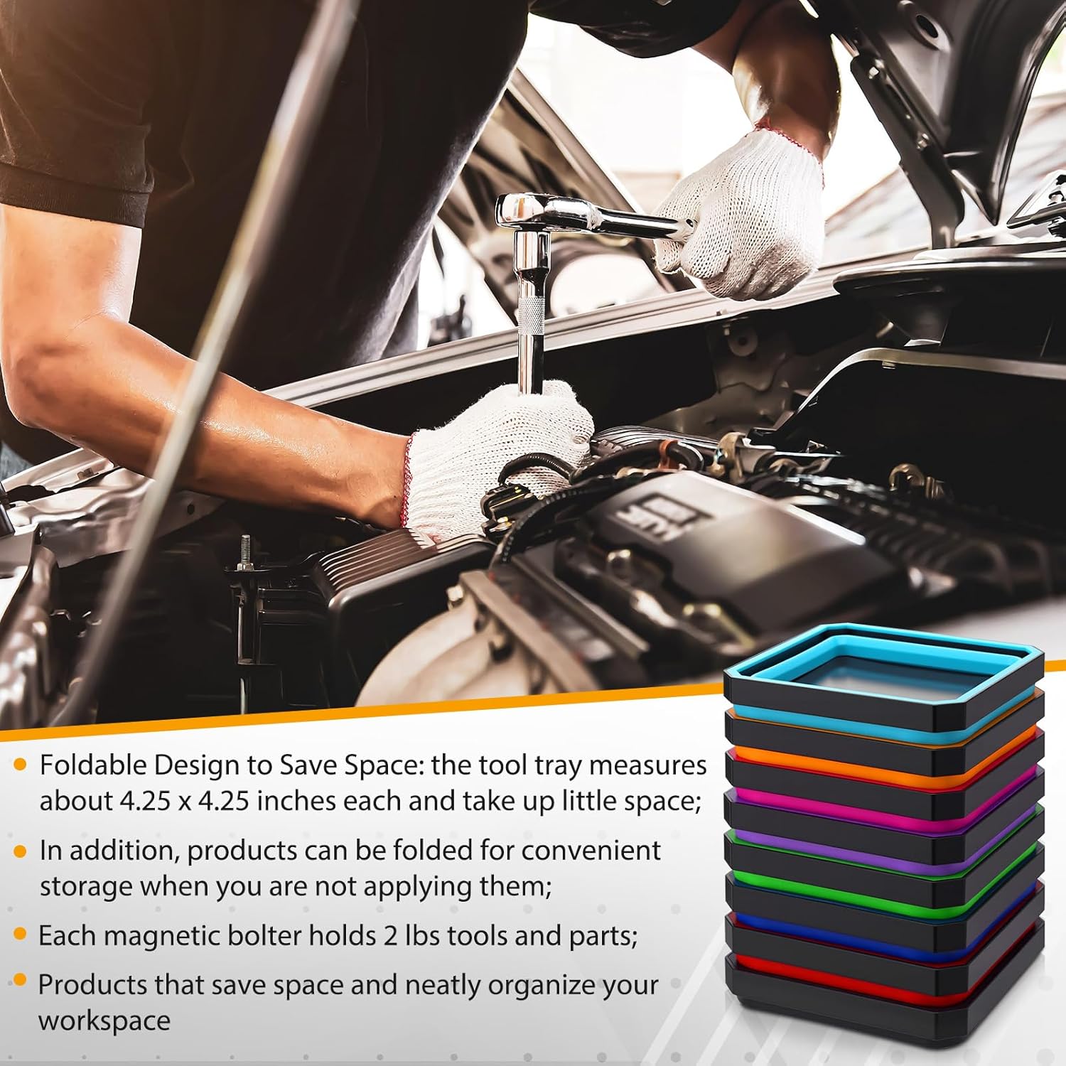 Huwena 8 Pcs Collapsible Magnetic Parts Tray Set Foldable Tool Trays Square Magnetic Parts Bowl for Screw Bolts Nuts Washers Pins Mechanic Tool Gifts for Men