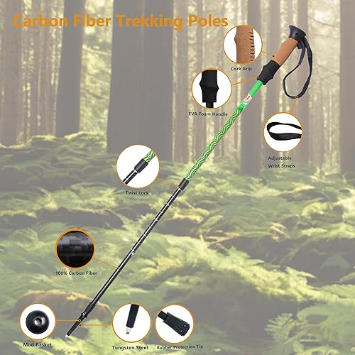 Miniatura 4 de HXE Bastones de senderismo de fibra de carbono, ligeros y ajustables con agarres de corcho, par de 2 bastones de senderismo para hombres y mujeres