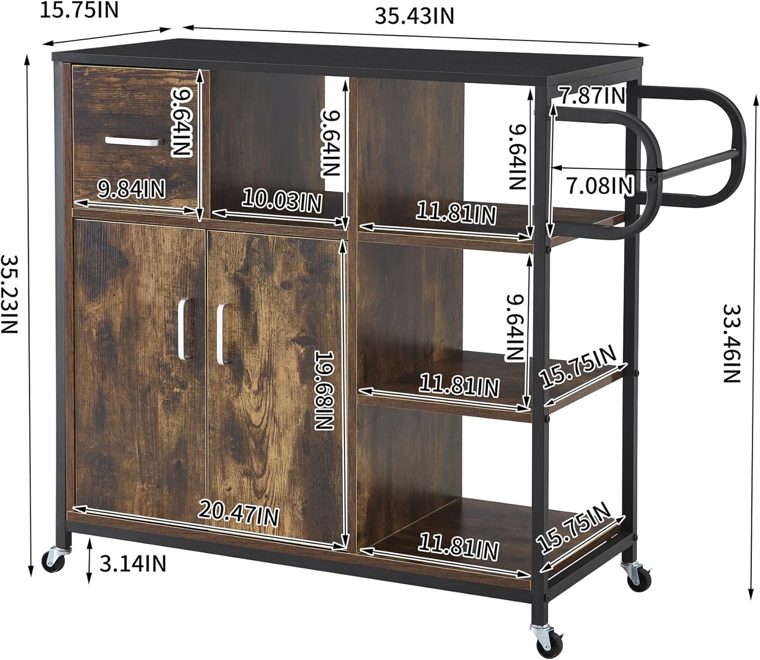 Kitchen Cart with Stainless Steel Top and Storage Cabinet, Kitchen Island on Wheels with Drawer & Open Shelves & Spice Rack,Rolling Mobile Kitchen Island with Storage and Towel Rack (Grey) (Brown)