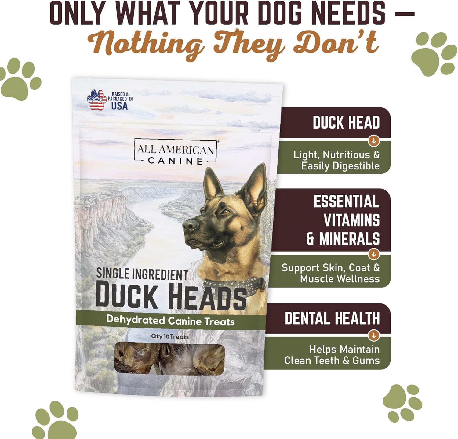 All American Canine 10 Natural Duck Head Dog Treats – Single Ingredient, Dehydrated & Digestible – Low-Fat, High-Protein Chew for Training & Dental Health – Made in USA