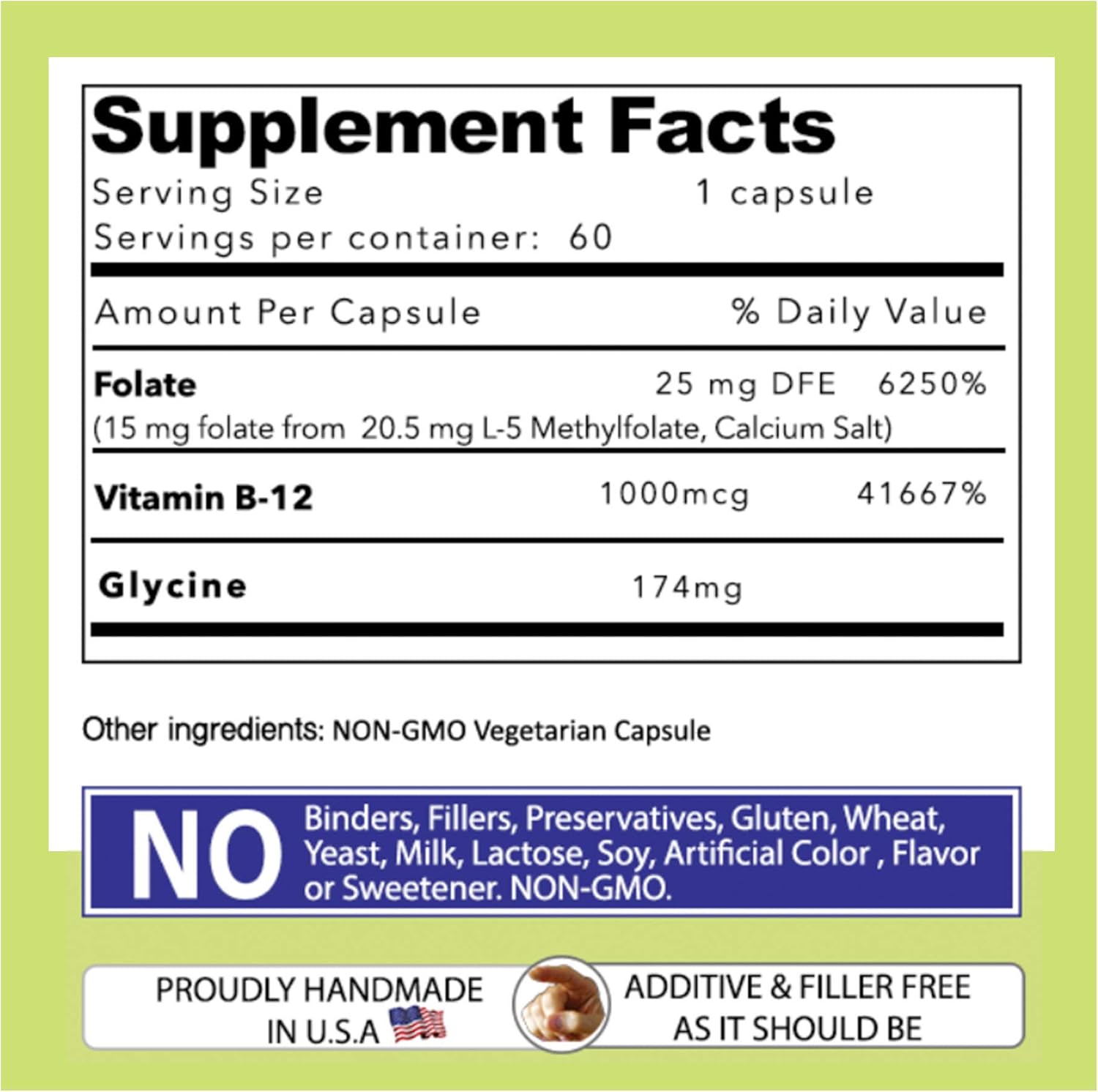L-Methylfolate 15 mg + B 12 (1000 mcg) - 60 Capsules - Methylated & Glycine - Boost Mood, Energy & Memory - Immune Support & Vitamin Supplement for Men & Women - Non-GMO, Vegetarian Capsules
