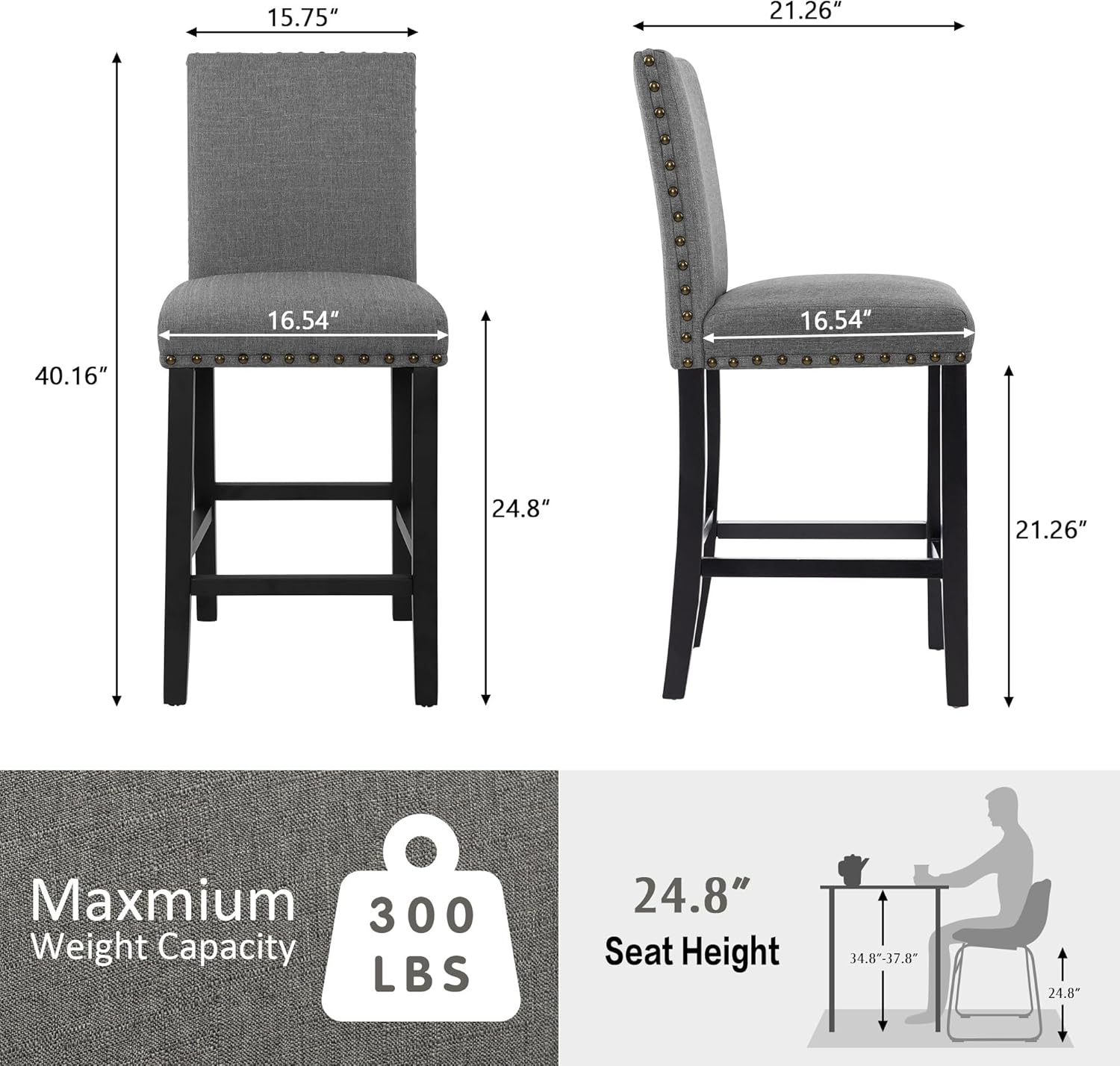 Diagram showing the dimensions of the GOTMINSI bar stool, including height, width, and depth.