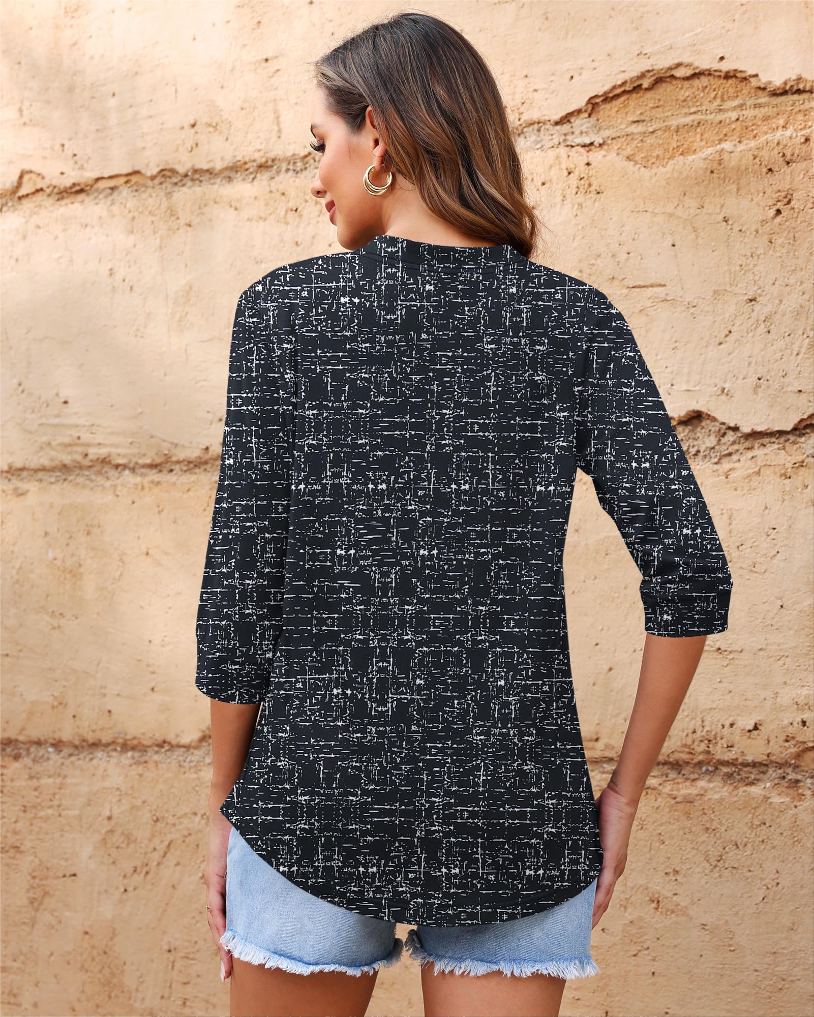 WNEEDU Chemise Femme à Manche 3/4 Col V Tee Shirt Long Base Chemisier et Blouses Chic et Élégant Haut