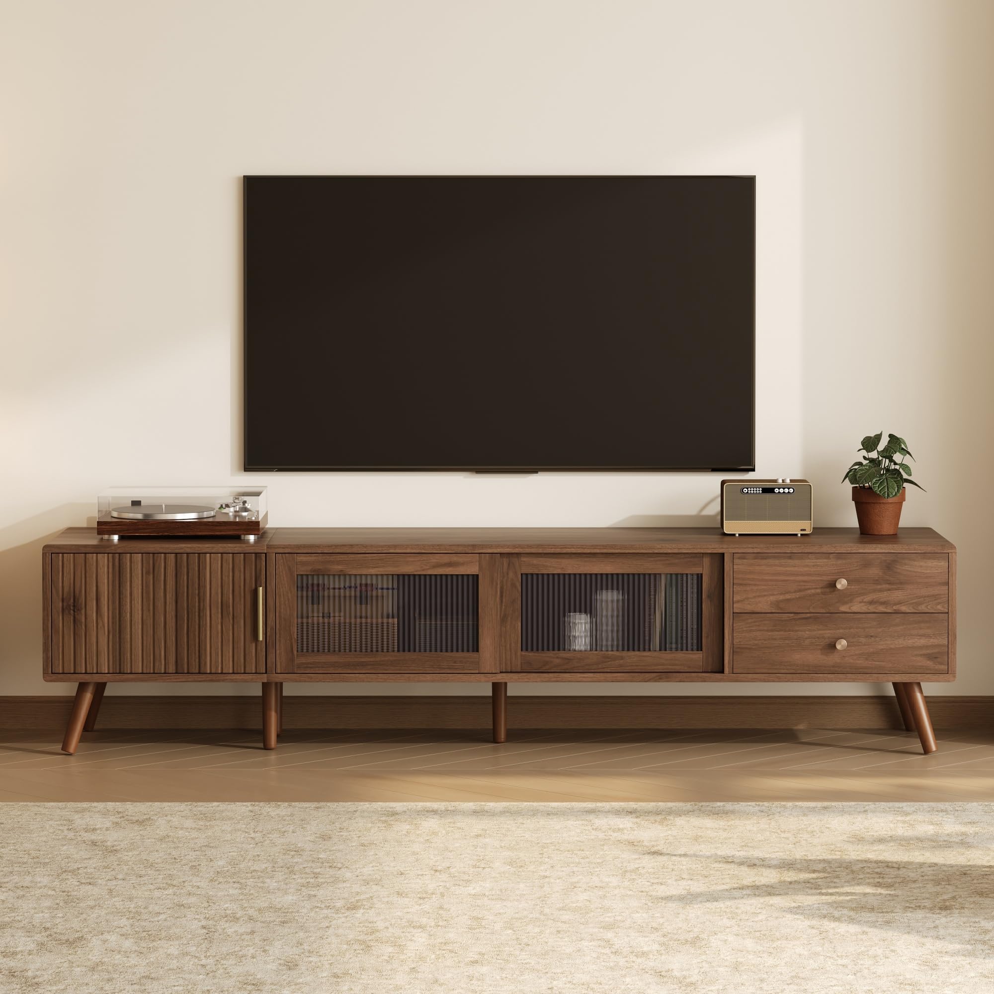 Wooden TV Stand,TV Stands with Storage,Sliding Wave Patterned Glass Door Paired with Solid Wood Table Legs,with Cable Holes,Modern Style,Suitable for Living Rooms (TV Stand-Natural)