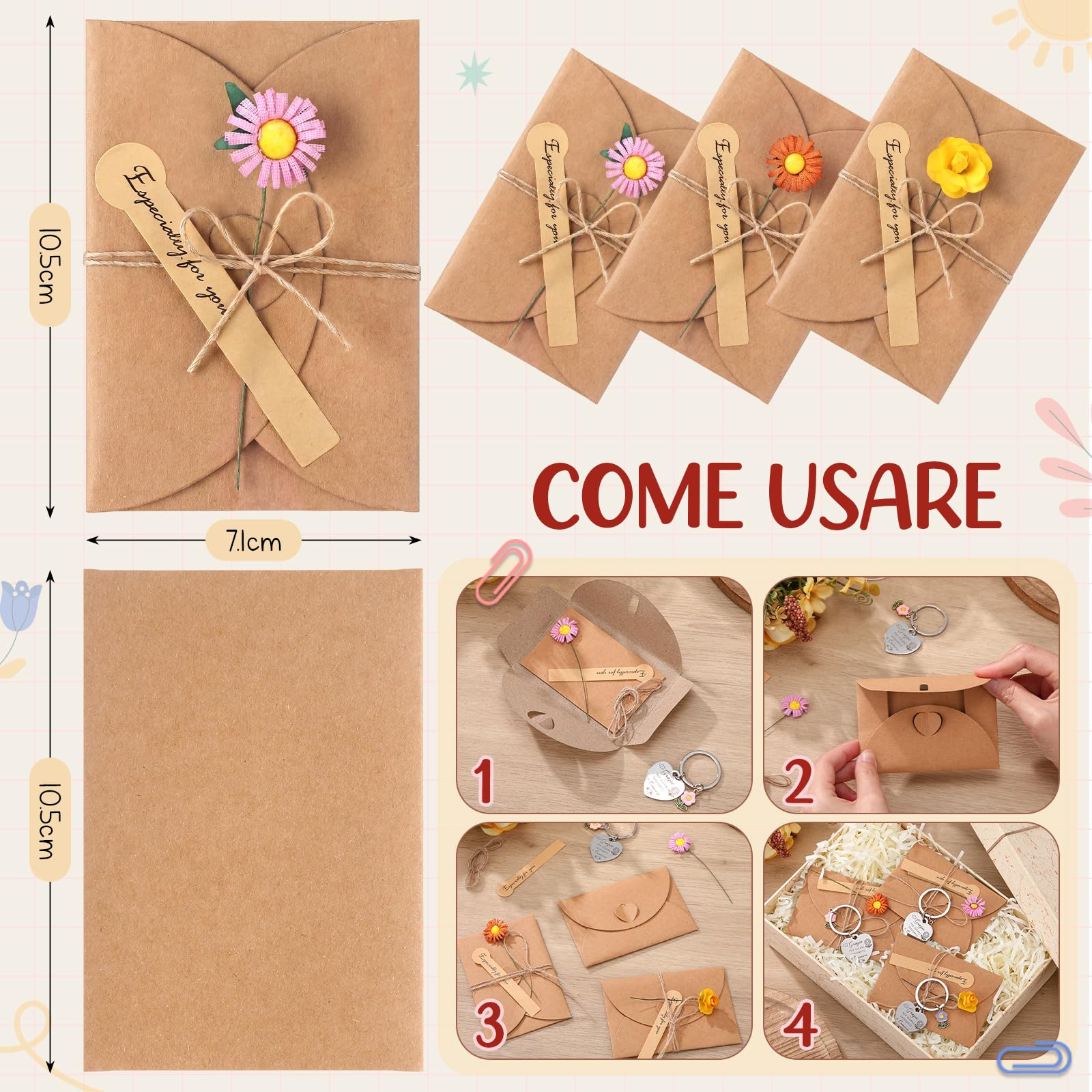 Jetec Regalo per Insegnante 3 Pianta Uncinetto con Fiore 3 Portachiavi con Ciondolo a Forma di Fiore 3 Biglietti di Auguri in Carta Kraft Maestra Feste e Celebrazioni Scolastiche