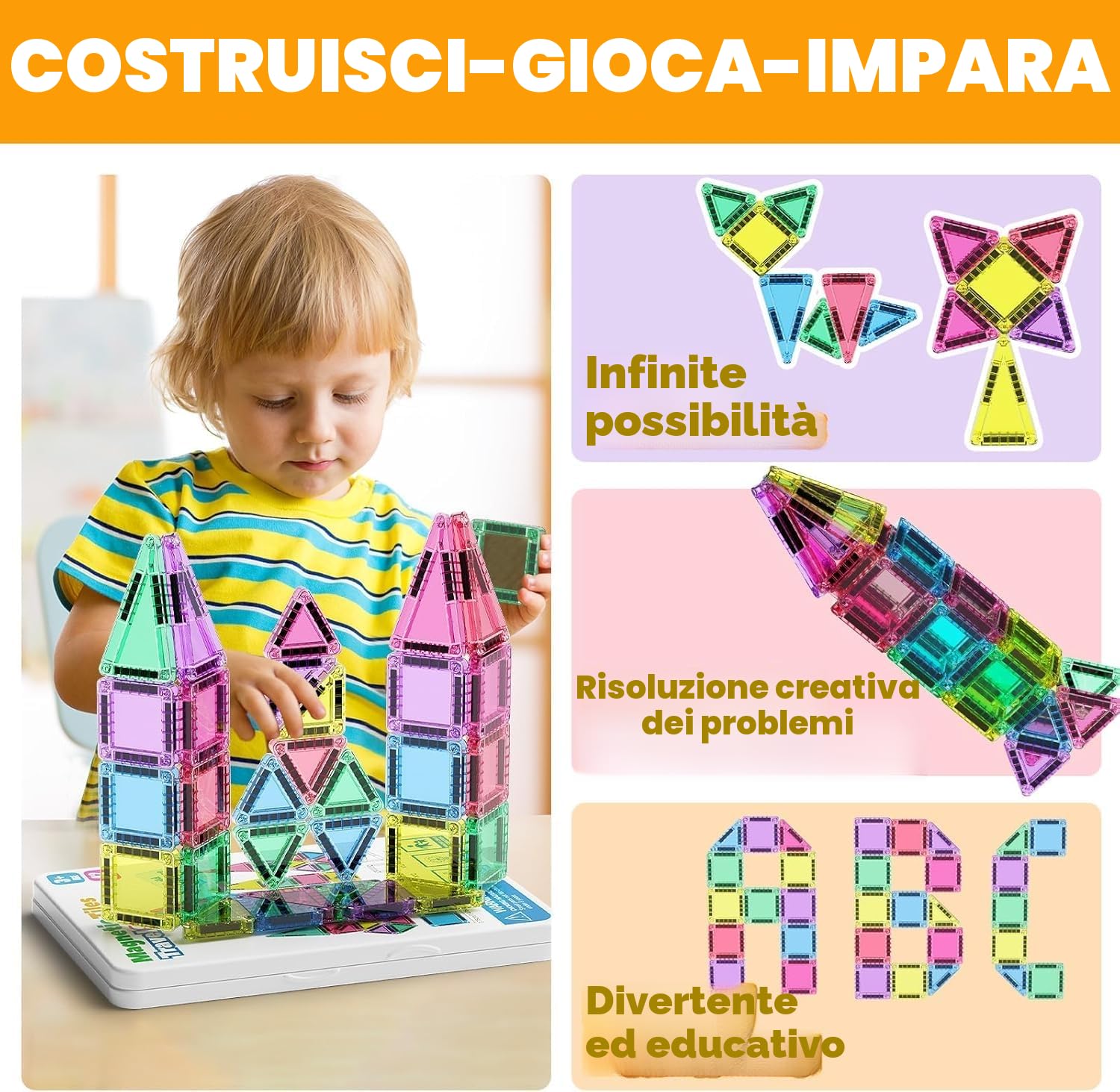 Set di 42 mattonelle magnetiche da viaggio per bambini, portatili, da viaggio, mini piastrelle magnetiche, giocattoli magnetici, scatola da costruzione montessori, giocattolo regalo per bambini di 3+
