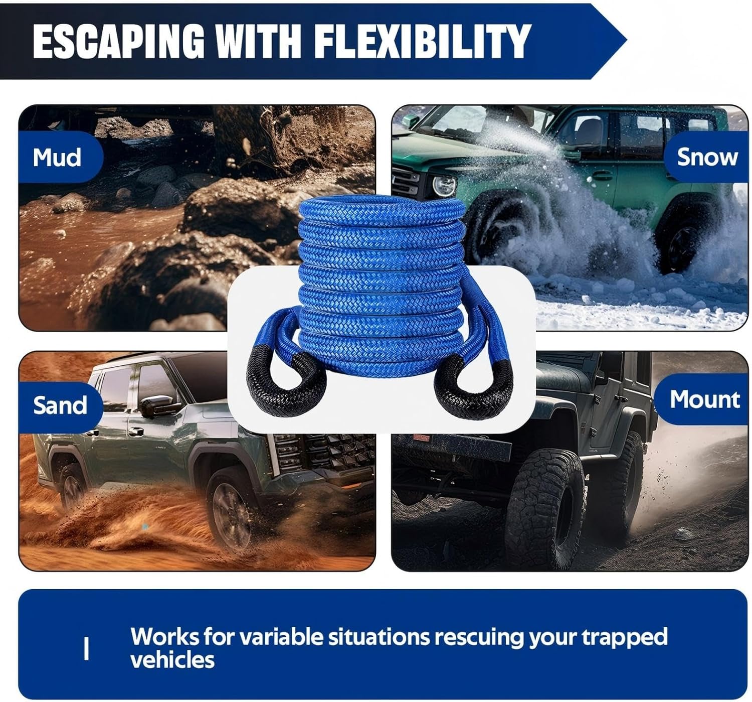 Kinetic Recovery Rope 1-1/8" x 20ft, 48600lbs Heavy Duty Kinetic Tow Rope with Soft Shackles, 30+% Elasticity Offroad Tow Straps for ATV UTV Trucks SUV Tractor Car Jeep, Blue