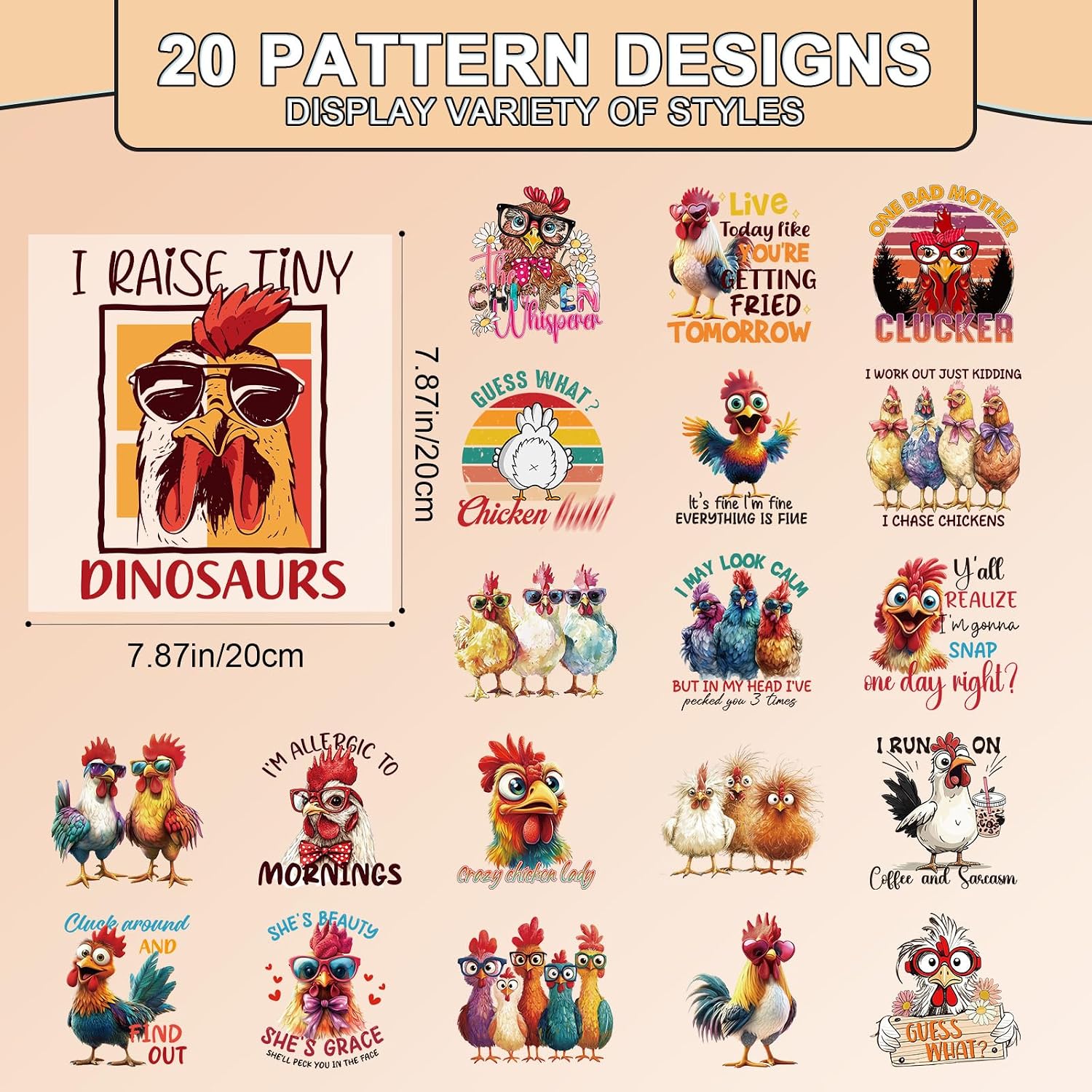 20 Pcs Funny Chicken DTF Transfers Ready to Press Iron on Patches