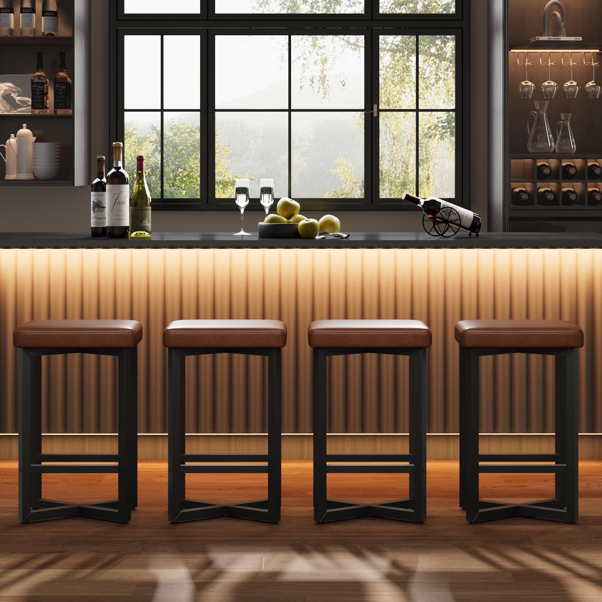 Garvee Lot de 4 Tabourets de Bar sans Dossier, Hauteur 62,5 cm, Chaise de Bar avec Siège Rembourré en Simili-Cuir PU, Chaise Haute Bar avec Repose-Pieds Intégré, Marron