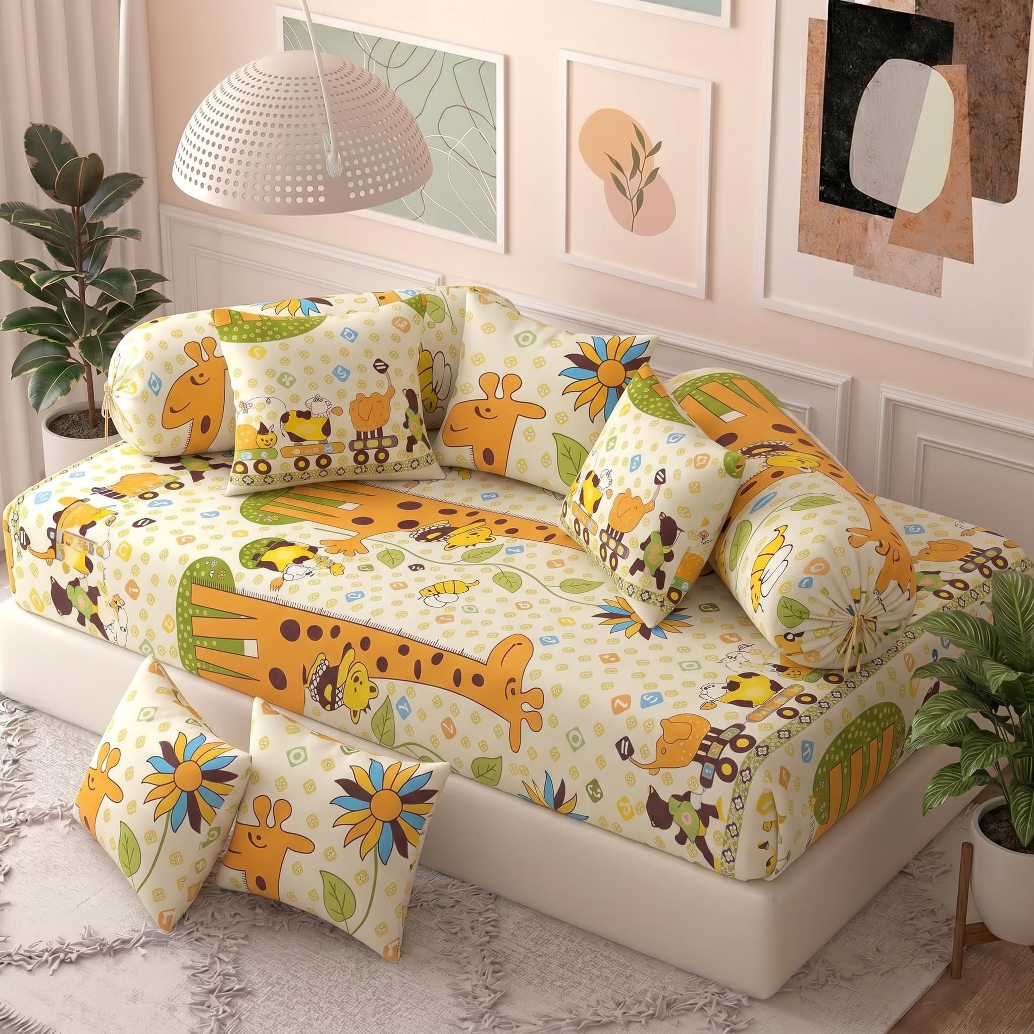 Filymore Yellow Giraffe Kids Fitted Diwan Set 8 Pieces – Microfiber Diwan Bedsheet Set with 5 Cushion Covers & 2 Bolster Covers | Soft Cartoon Giraffe Print Diwan Cover Set for Kids Room-image-1