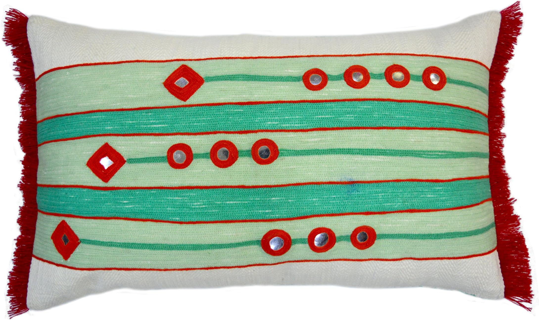 Luxury Designer 100% Cotton Decorative Throw Pillow Cushion Cover,Embroidered with Crewel and Plastic Mirrors,12"x20"